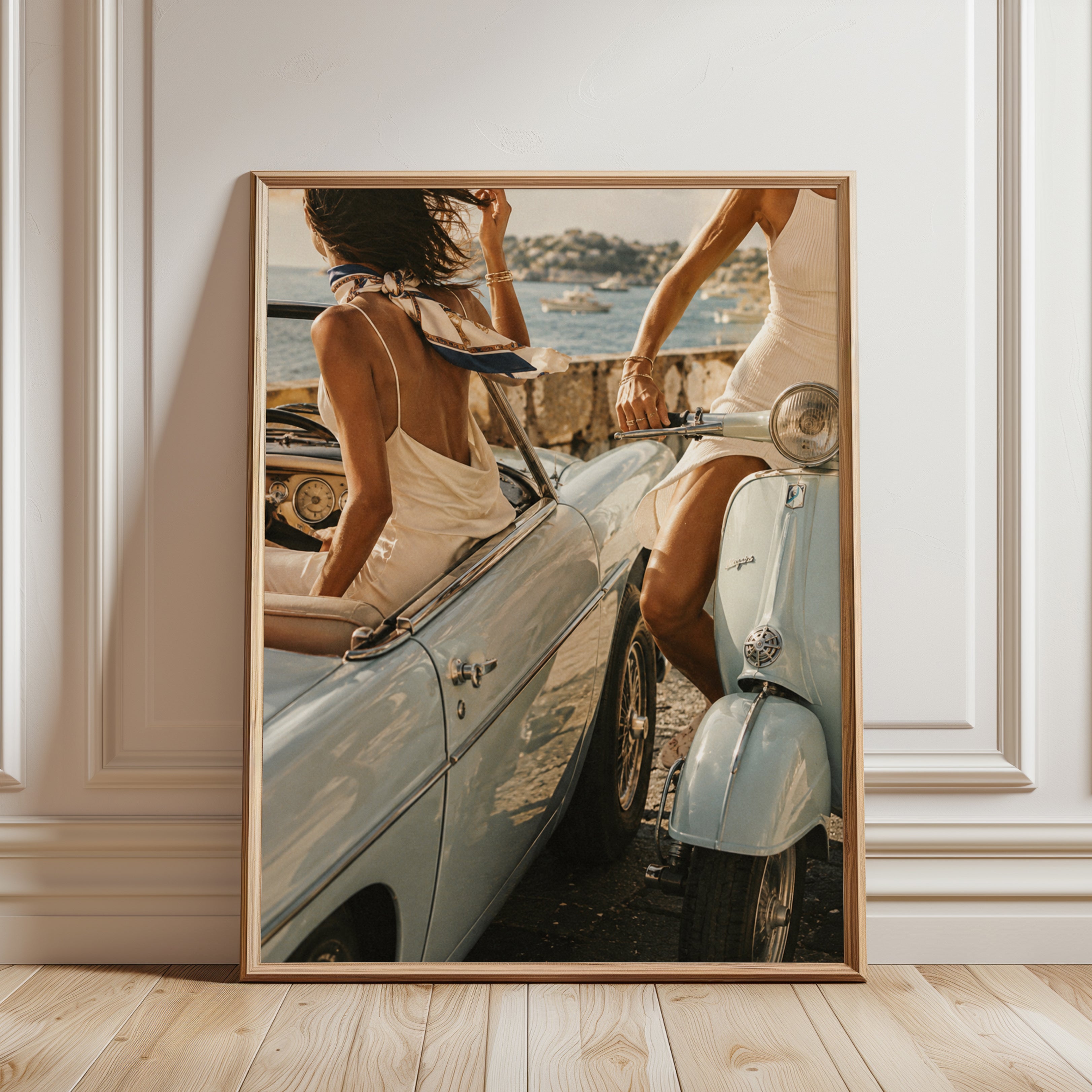 Coastal Summer Lifestyle Art Print: Vintage Car and Vespa Scene - framed detail