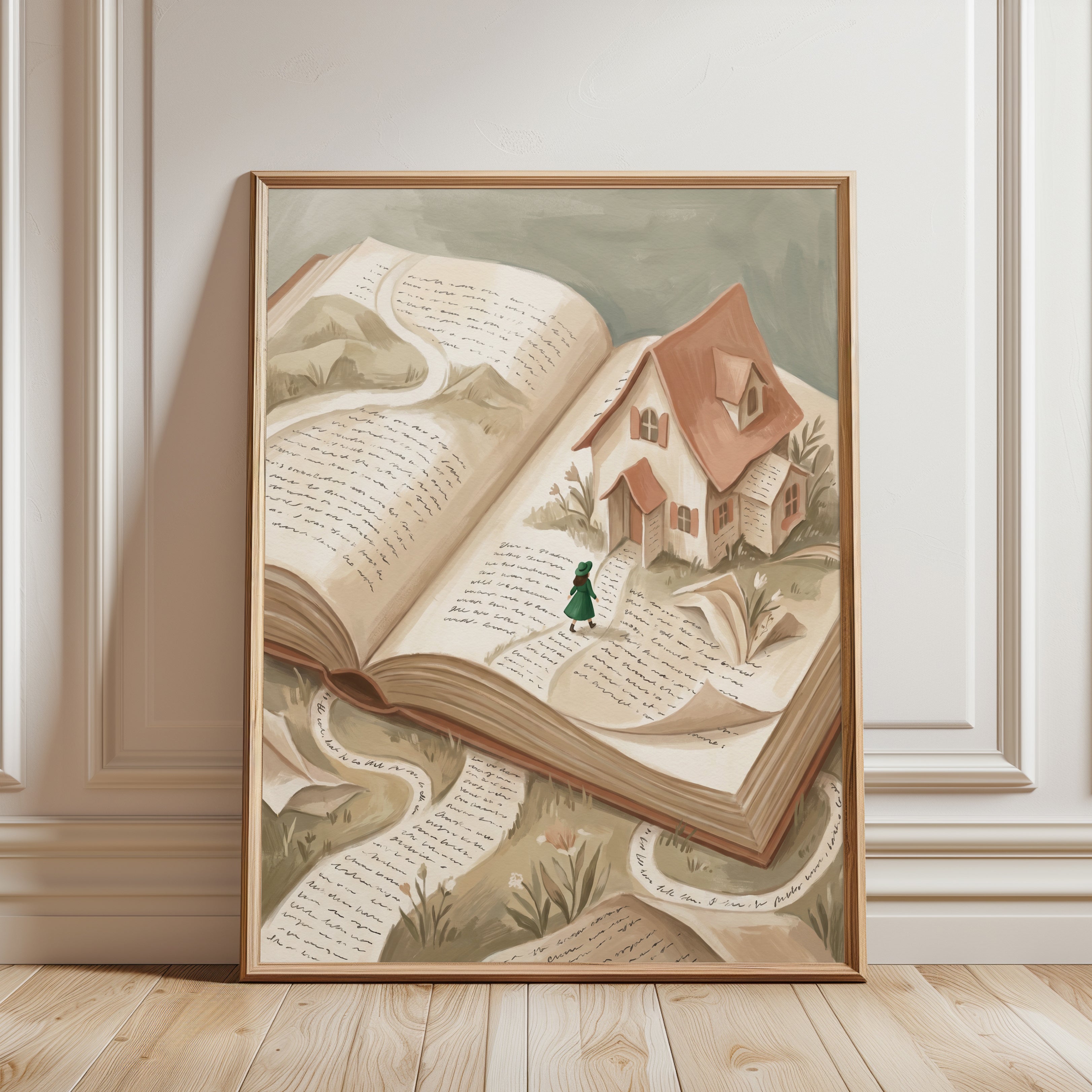 Whimsical Book Art Print: Surreal Cottagecore Reading Nook Decor - framed detail