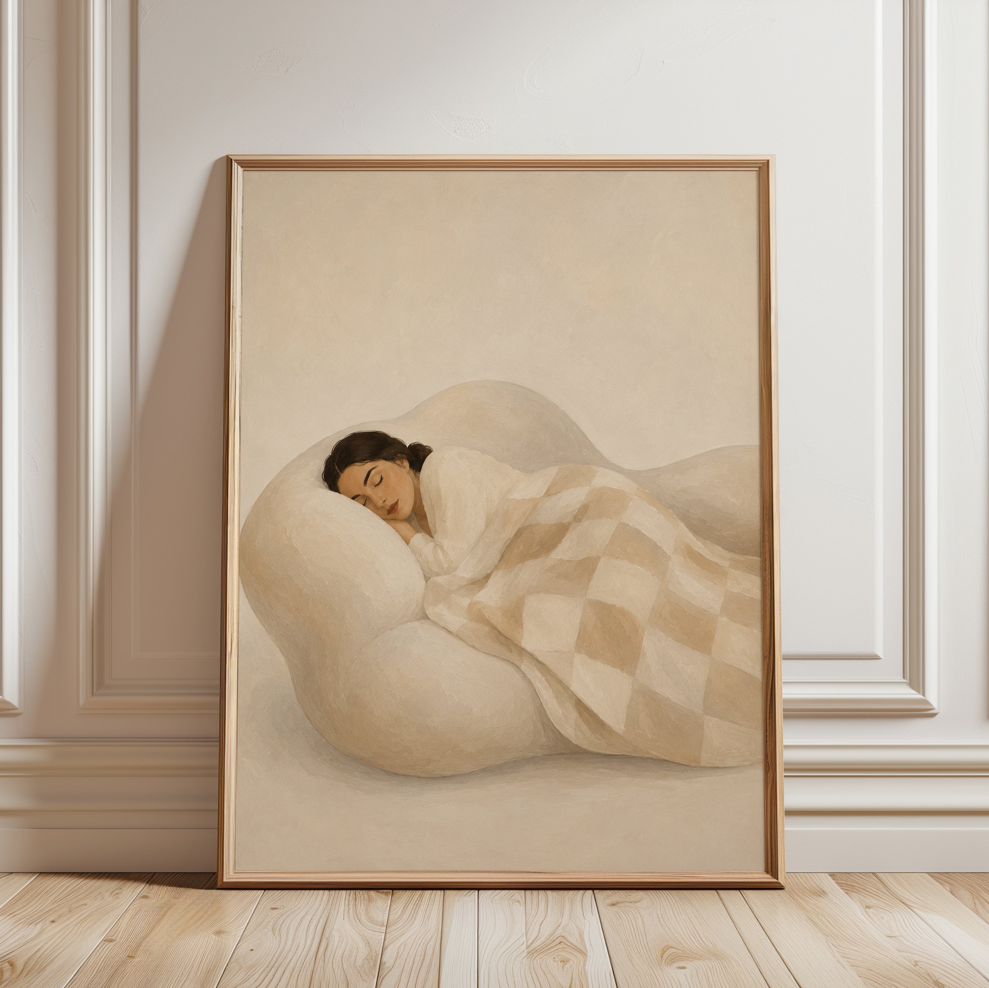 Sleeping Woman in Neutral Tones Art Print: Soft Minimalist Style - framed detail