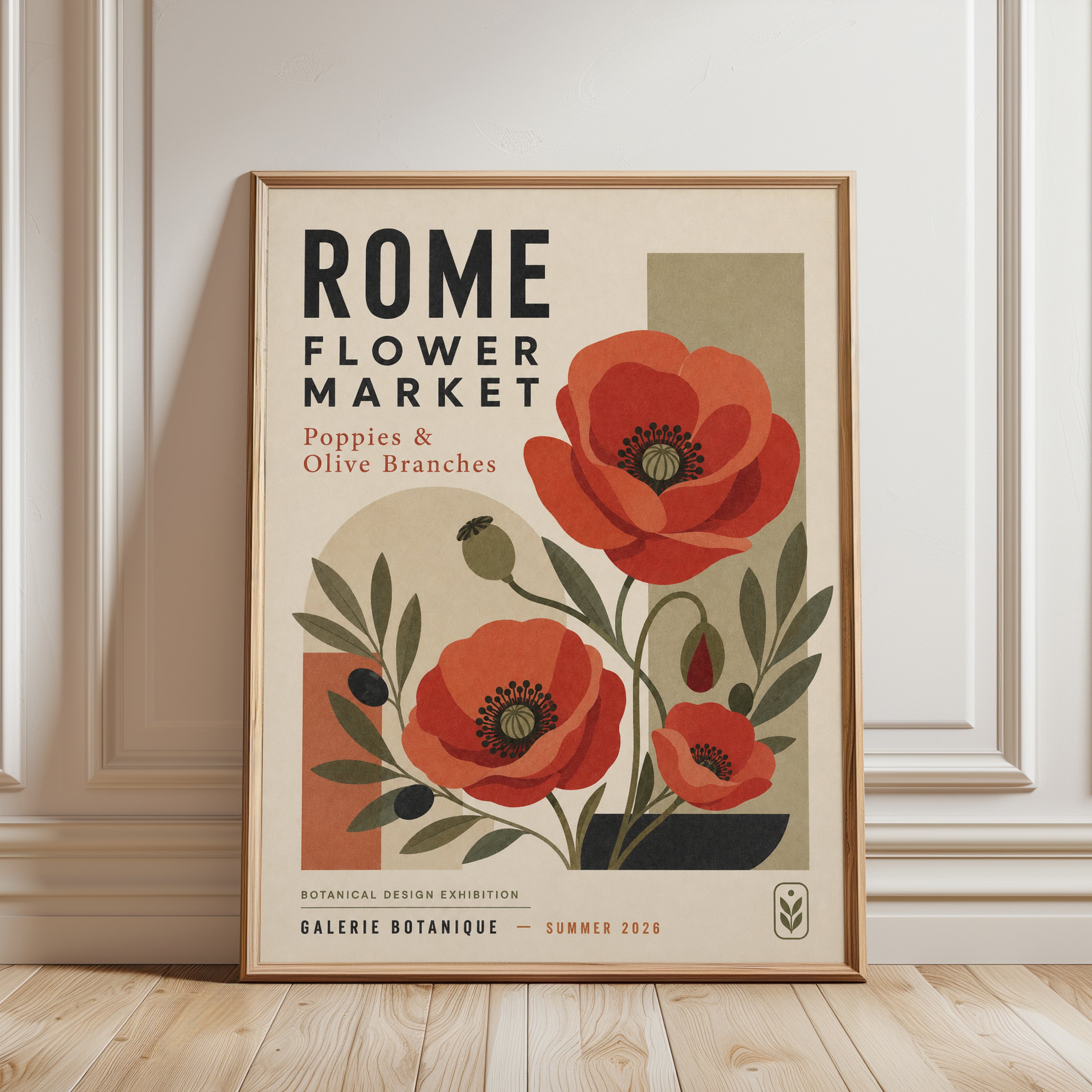 Botanical Poppy Print — Vintage Rome Flower Market Poster - framed detail