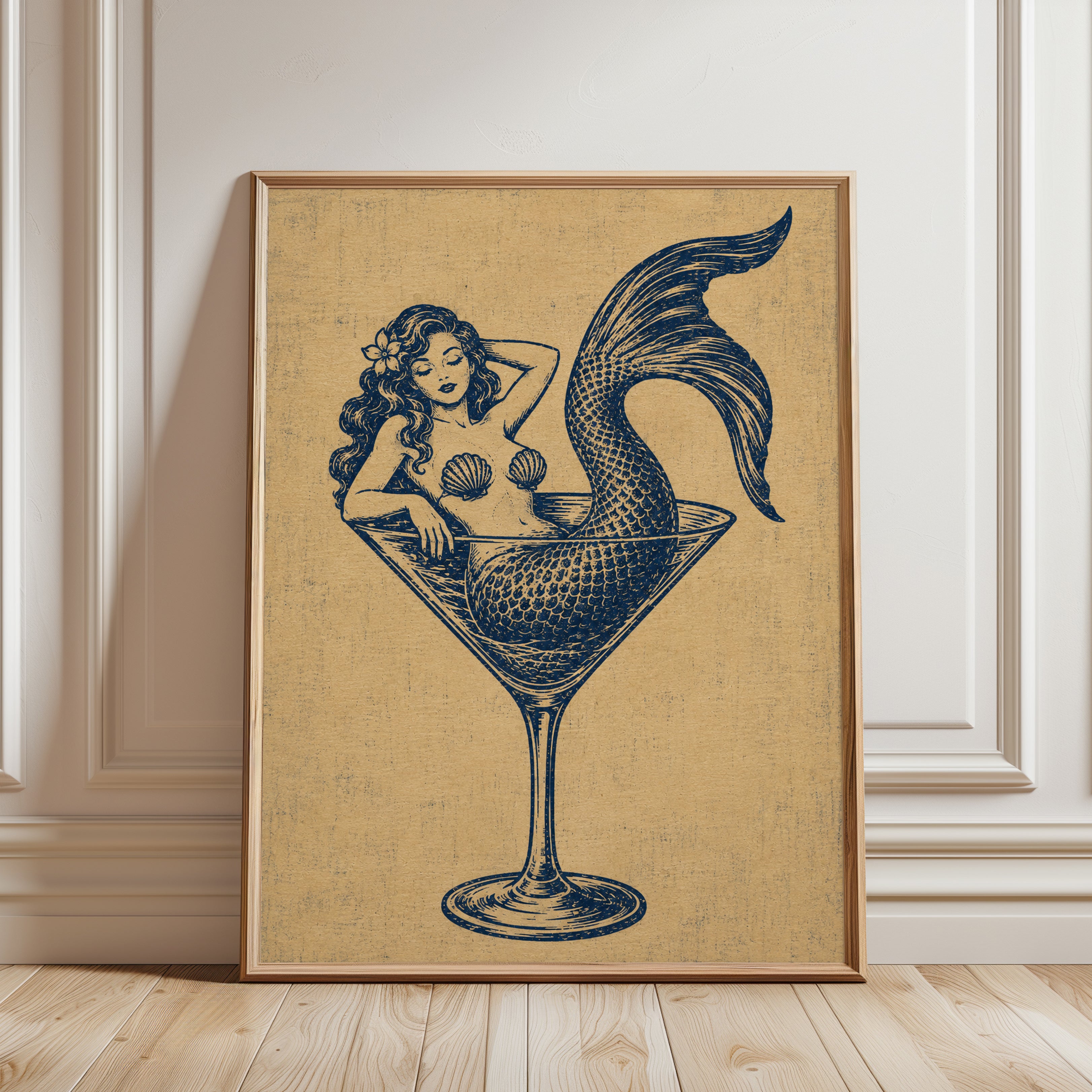 Mermaid Martini Glass Print: Vintage Blue Nautical Wall Art - framed detail