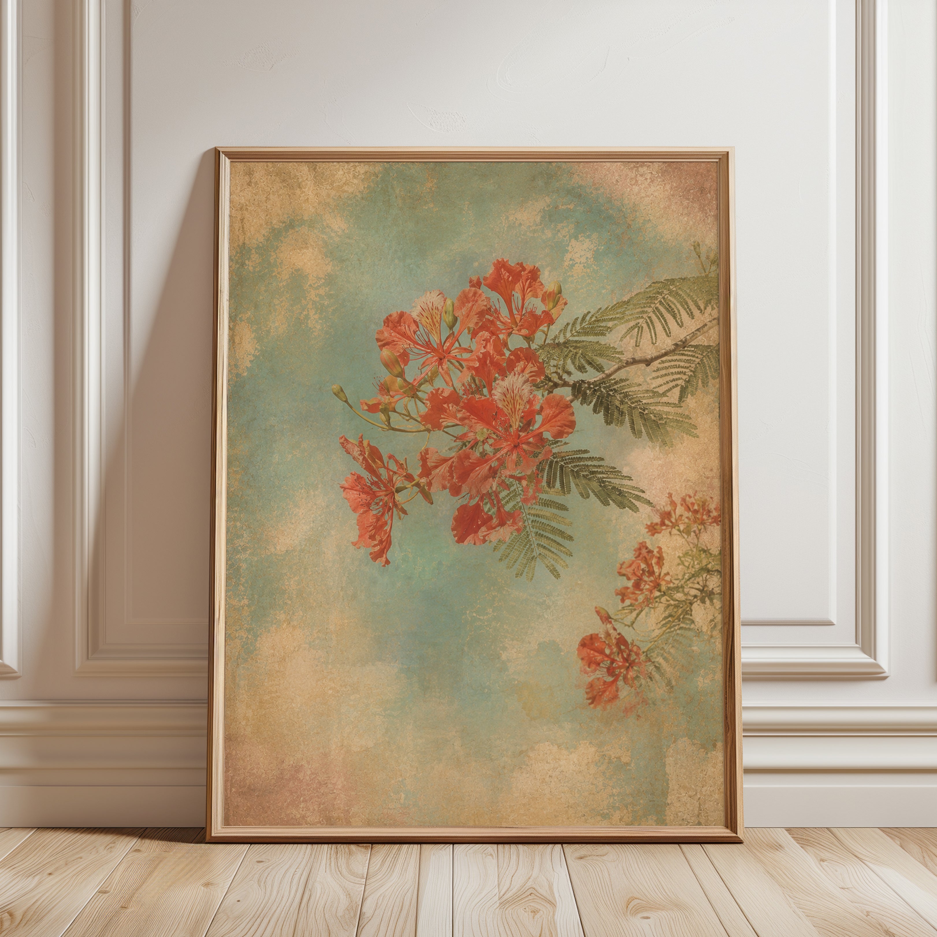 Tropical Flamboyant Flowers Art Print: Vintage Botanical Style - framed detail
