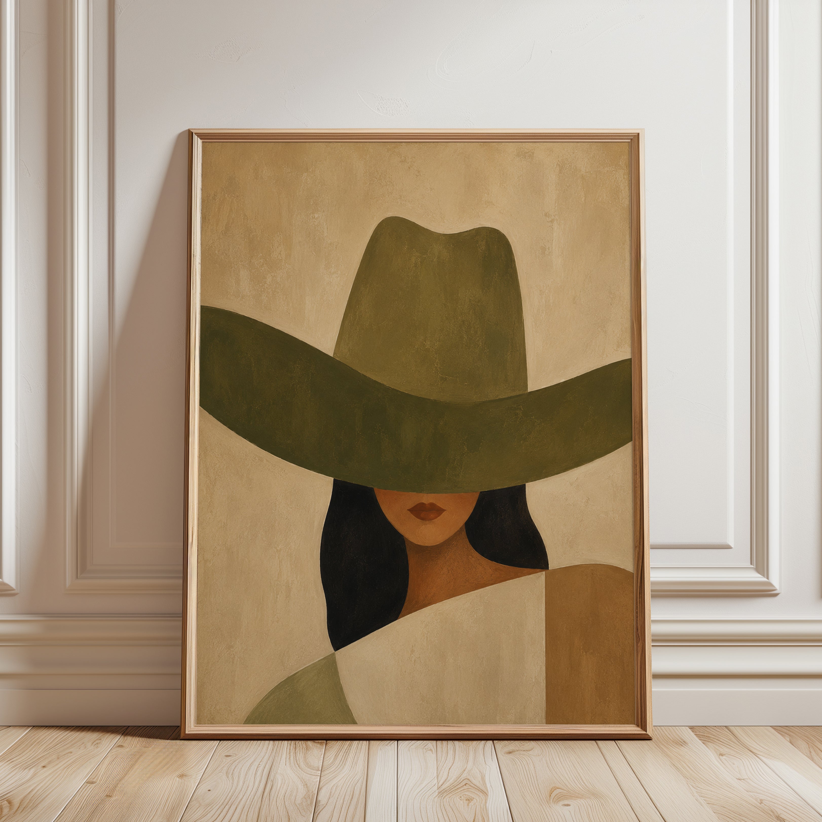 Woman in Hat Wall Art – Minimalist Portrait Print - framed detail