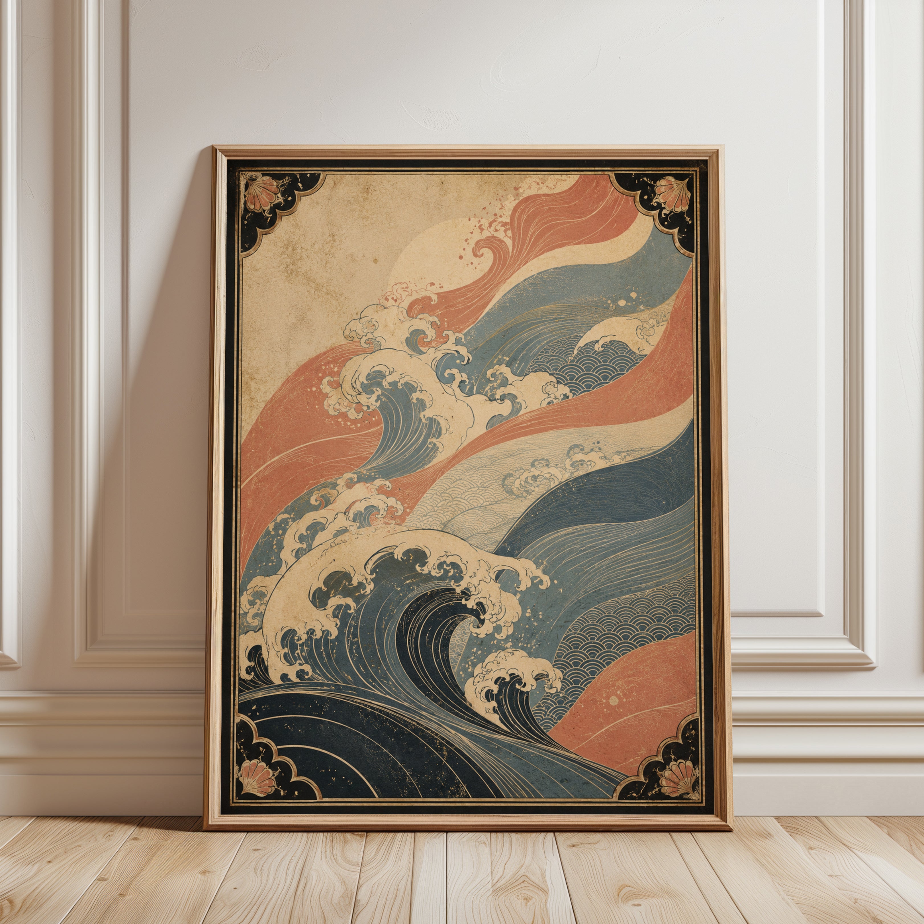 Japanese Wave Art Print: Vintage Ukiyo-e Ocean in Coral & Navy - framed detail
