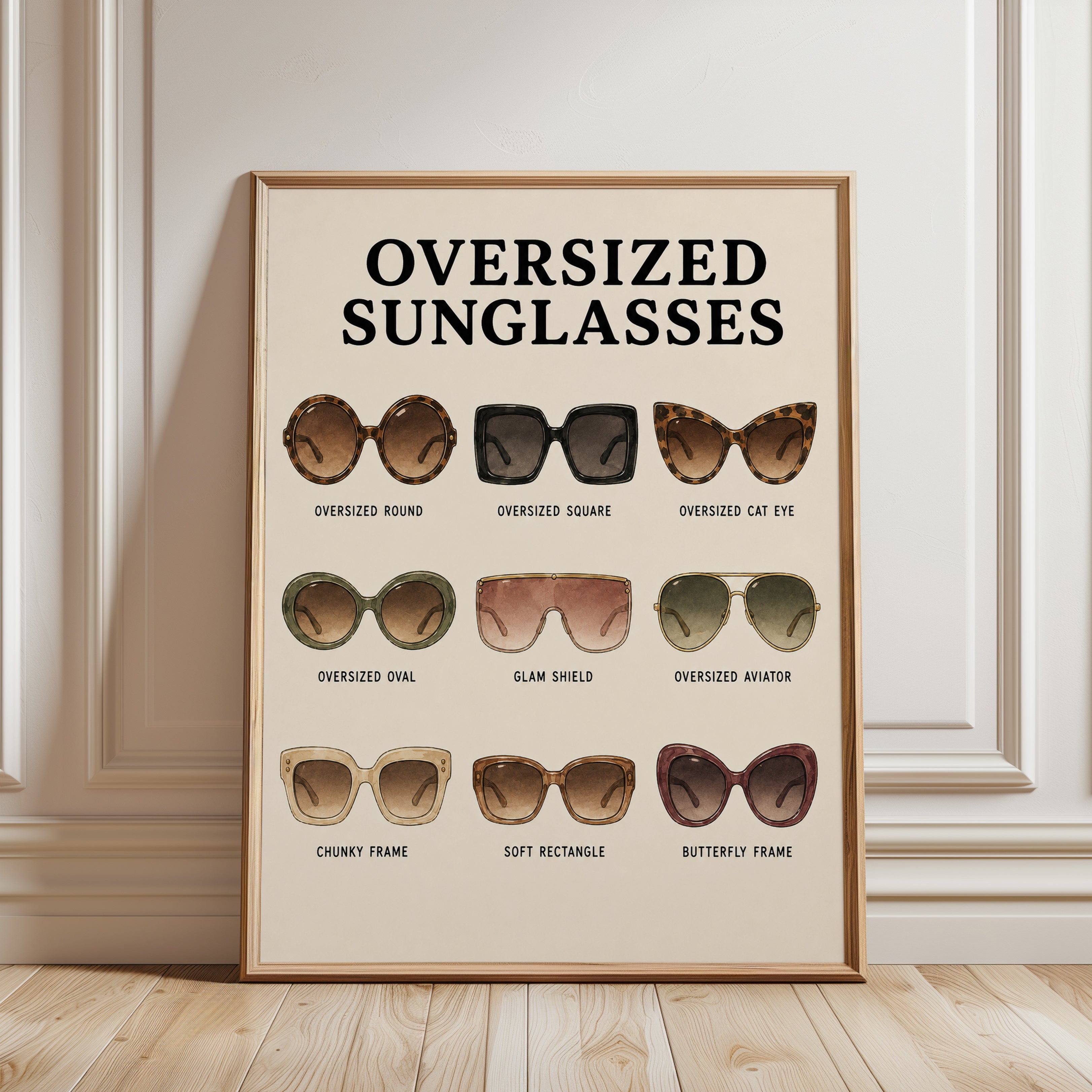 Oversized Sunglasses Guide Poster: Retro Fashion Wall Art - framed detail