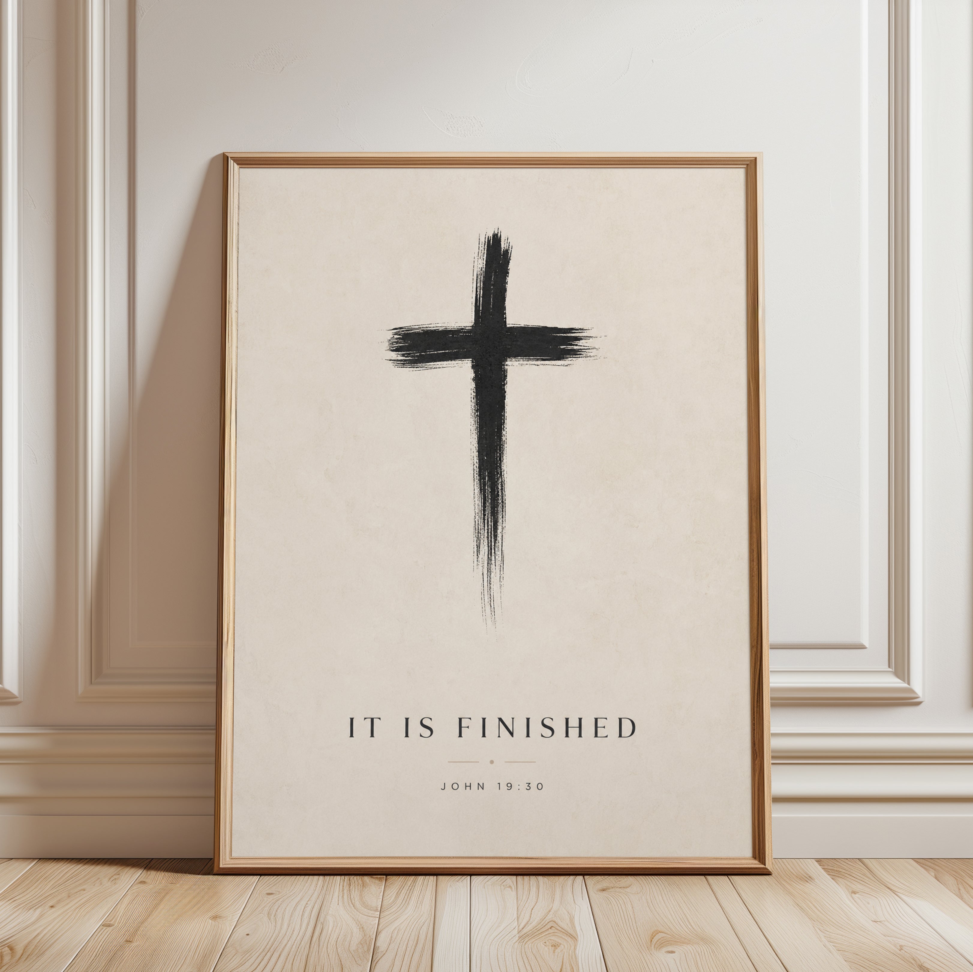It Is Finished Cross Print: Minimalist Black Brushstroke Art - framed detail