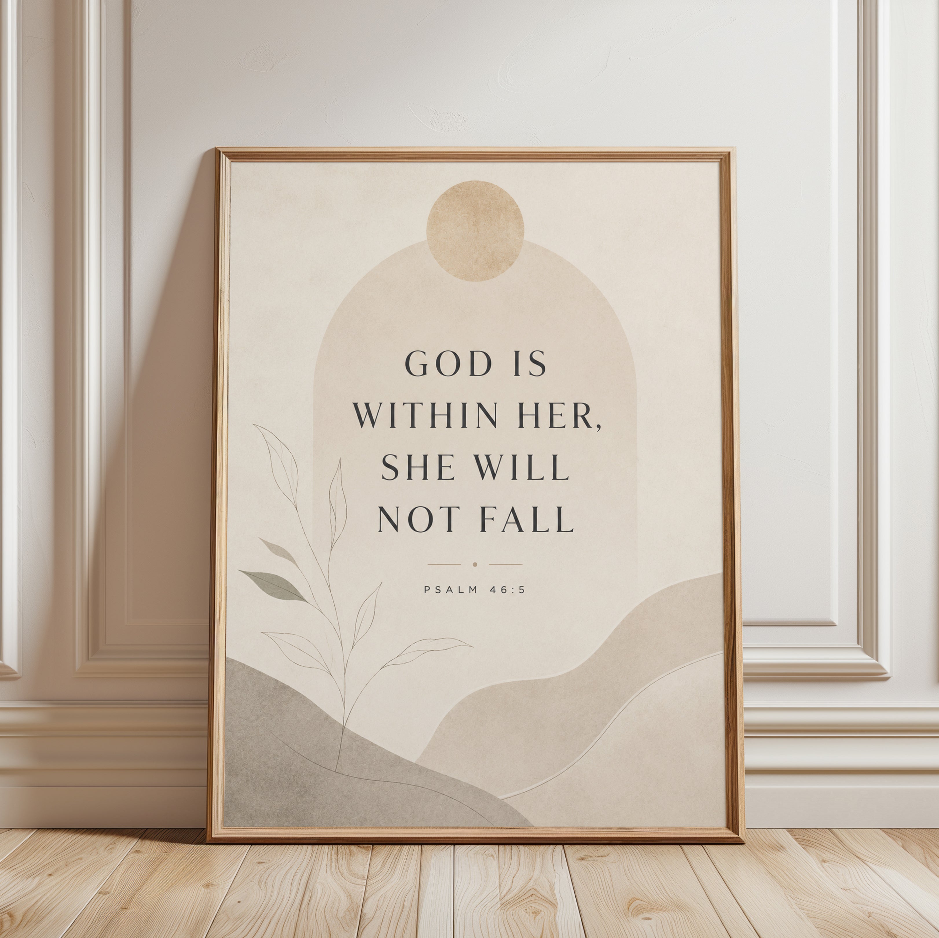 Psalm 46:5 Wall Art: Minimalist Beige Typography Print - framed detail