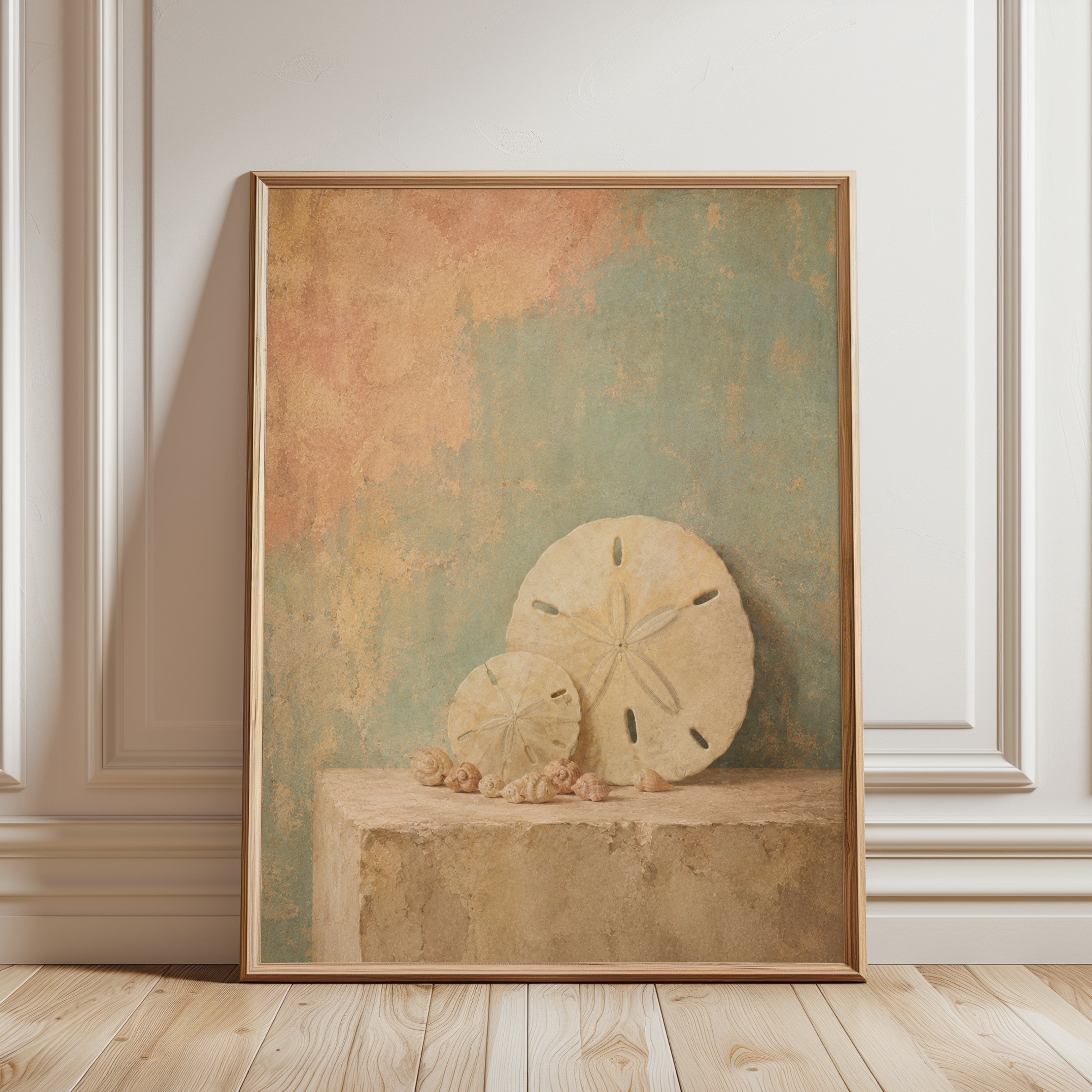 Sand Dollar Shells Wall Art: Coastal Still Life in Muted Tones - framed detail
