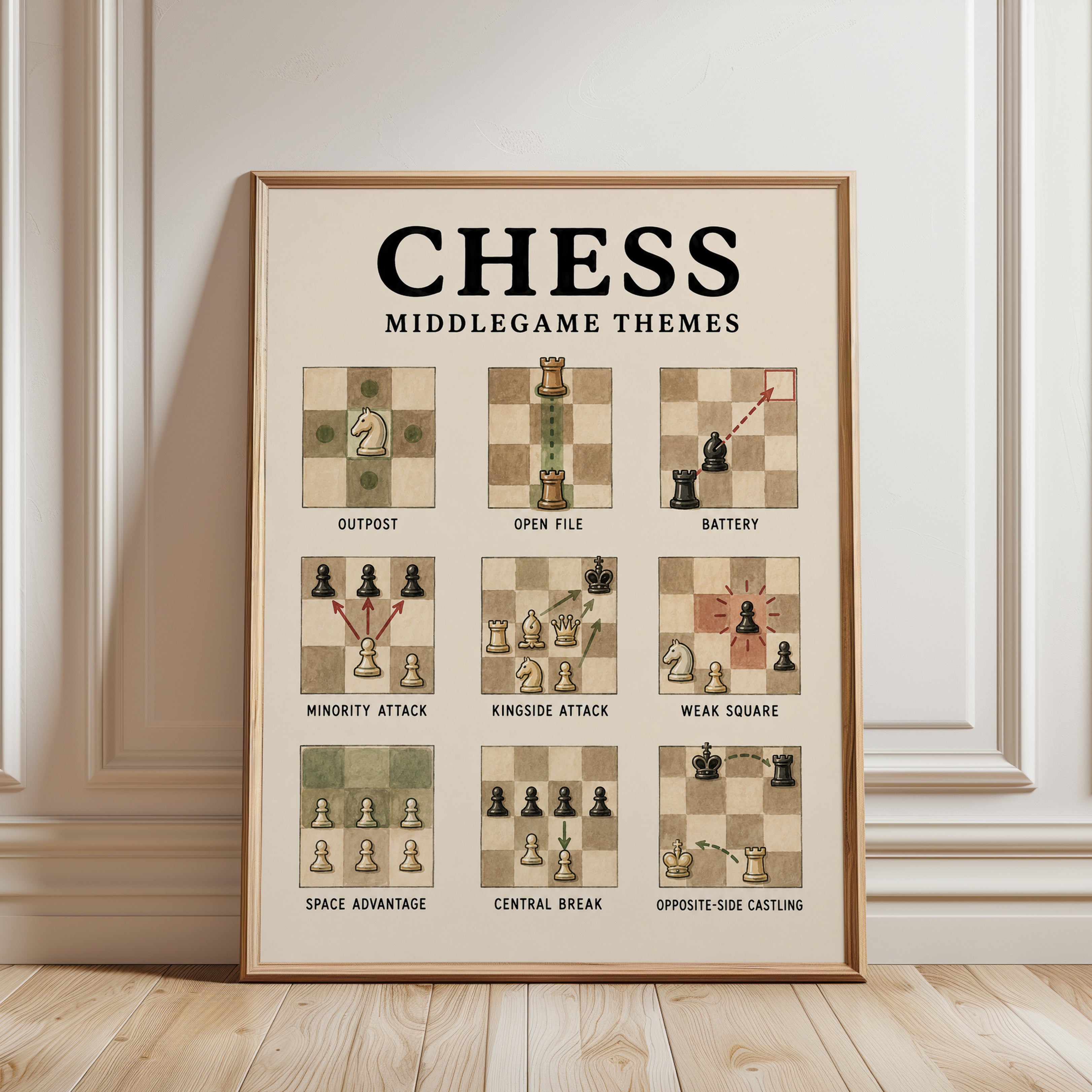 Chess Middlegame Themes Poster: Vintage Educational Wall Art - framed detail
