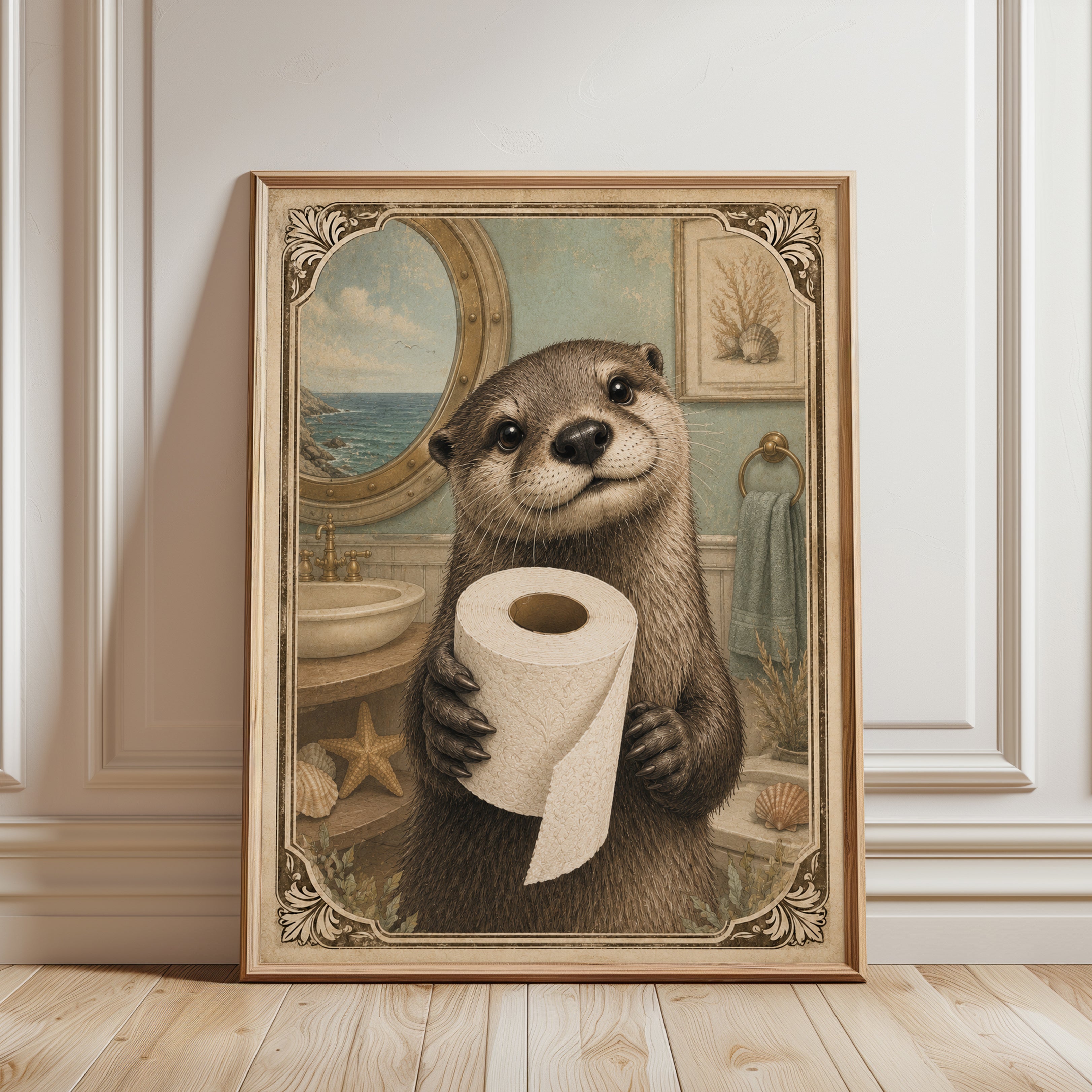 Vintage Otter Bathroom Print - framed detail