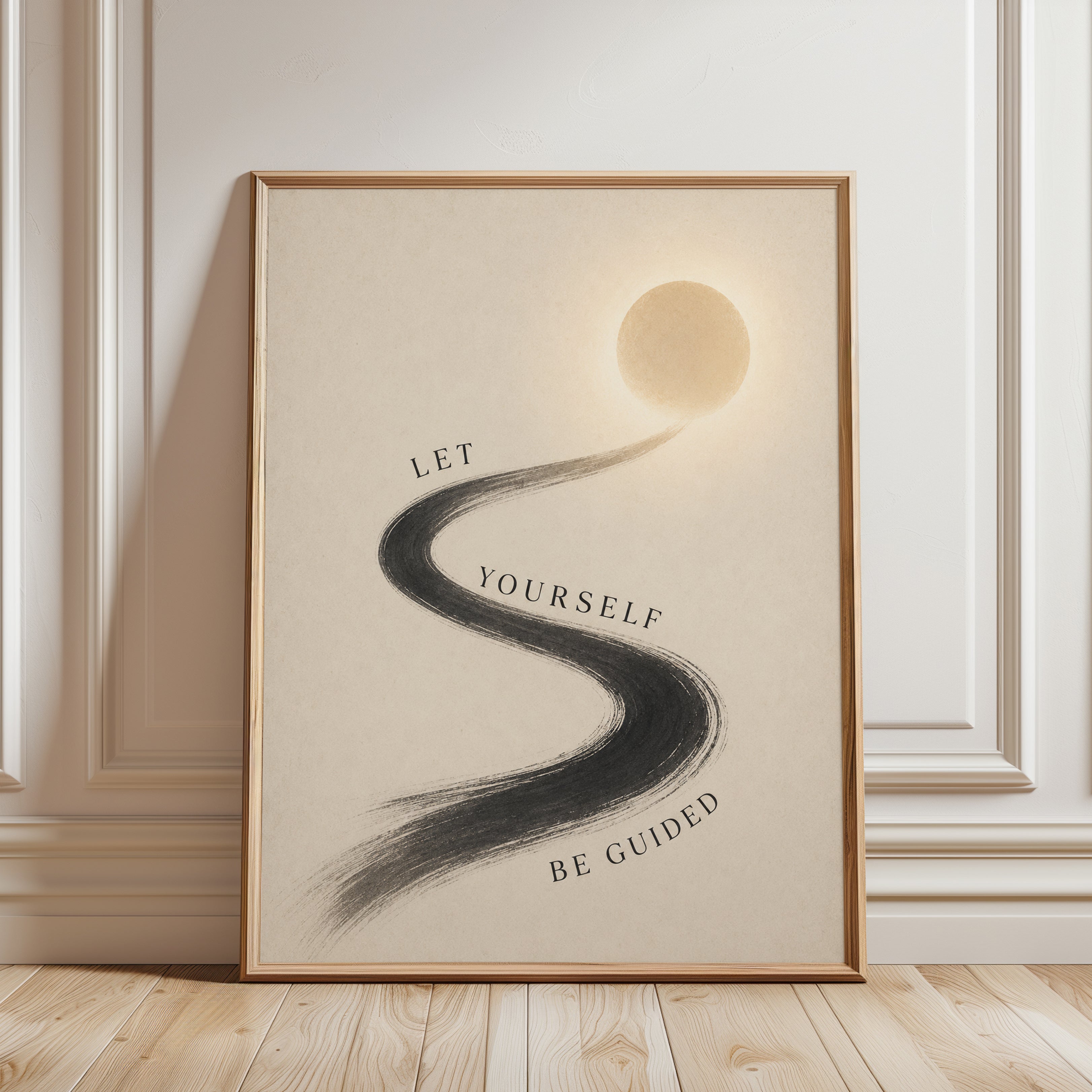 Winding Path Journey Print: Minimalist Beige and Black Wall Art - framed detail