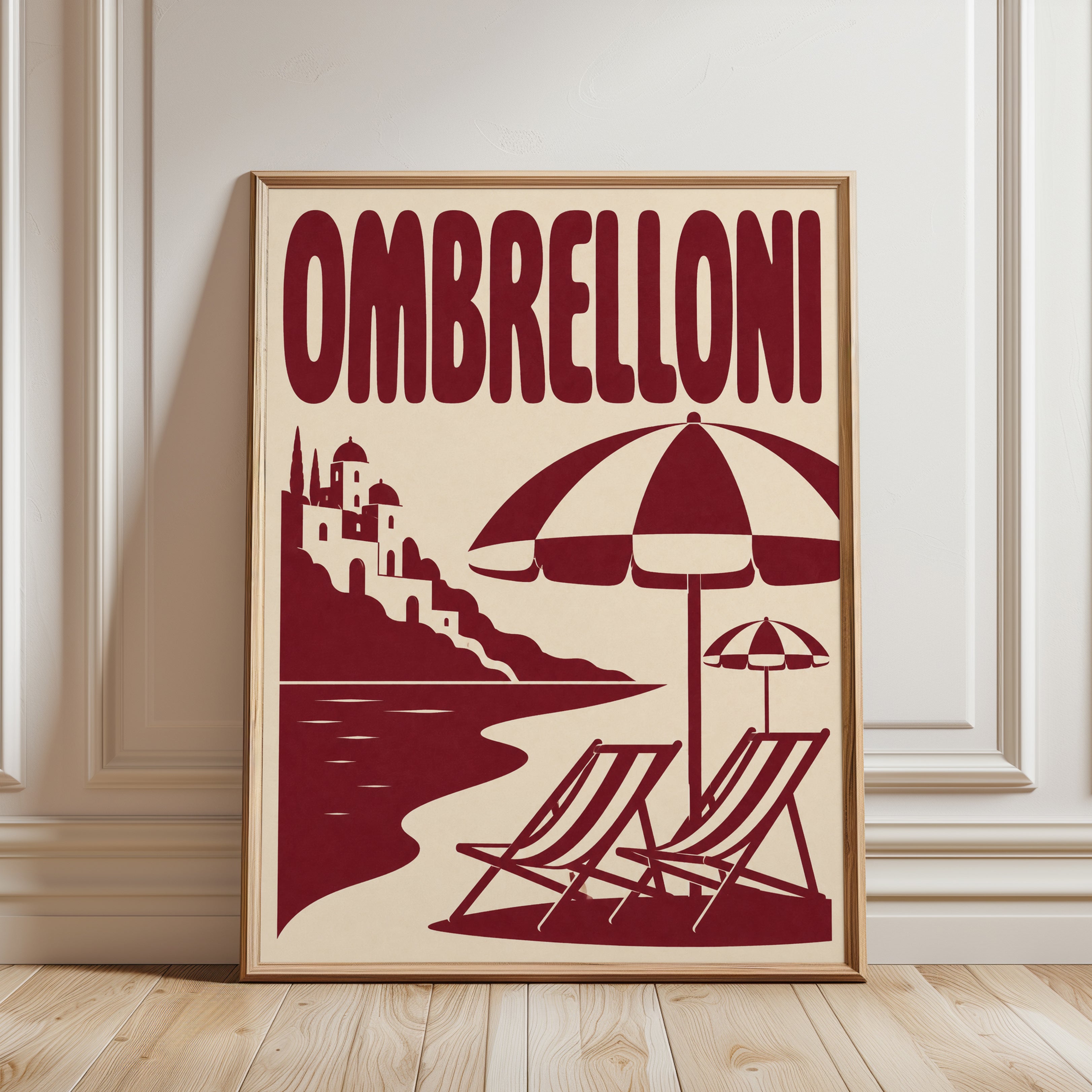 Vintage Italian Beach Print: Ombrelloni Travel Poster - framed detail