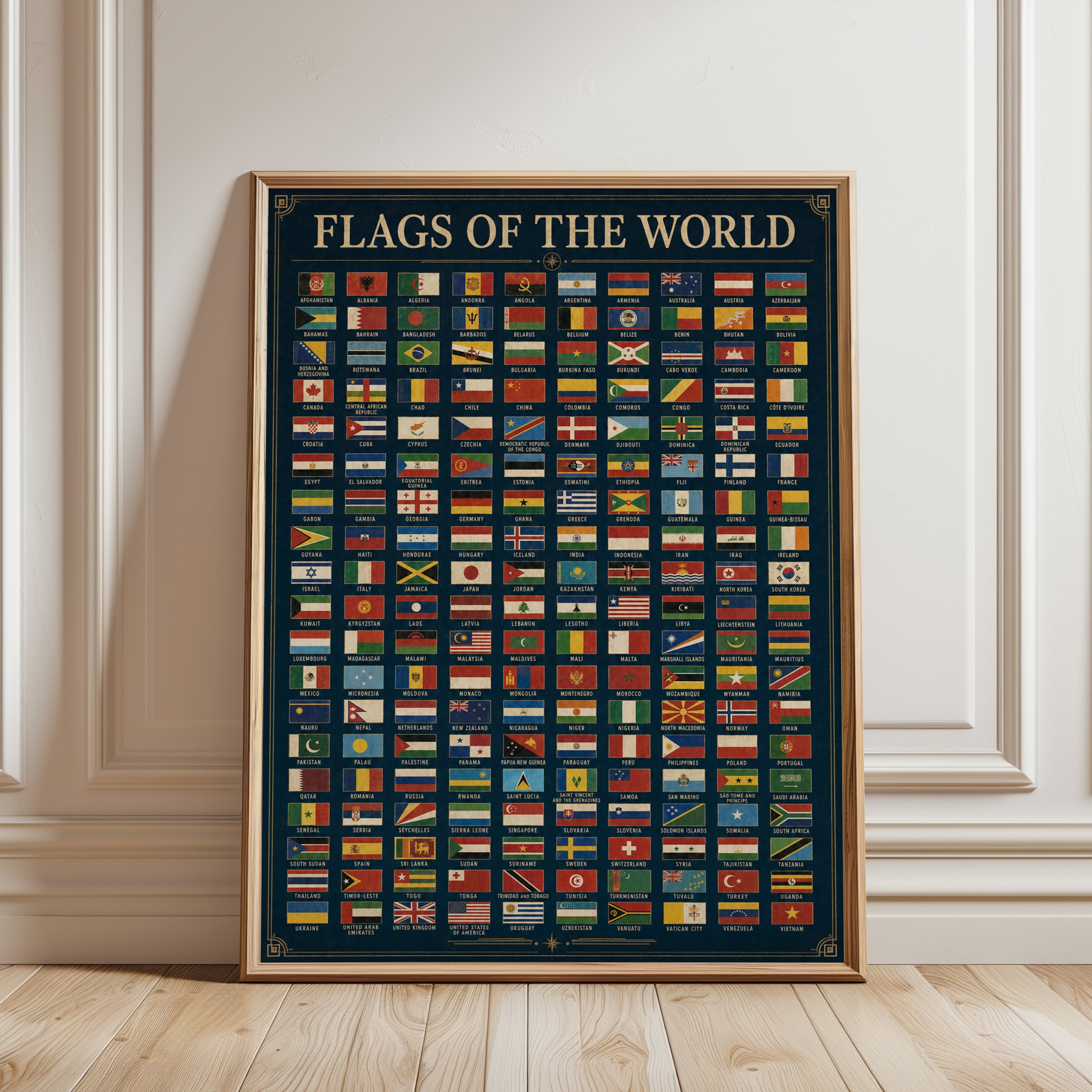 Flags of the World Chart: Vintage Educational Reference Poster - framed detail
