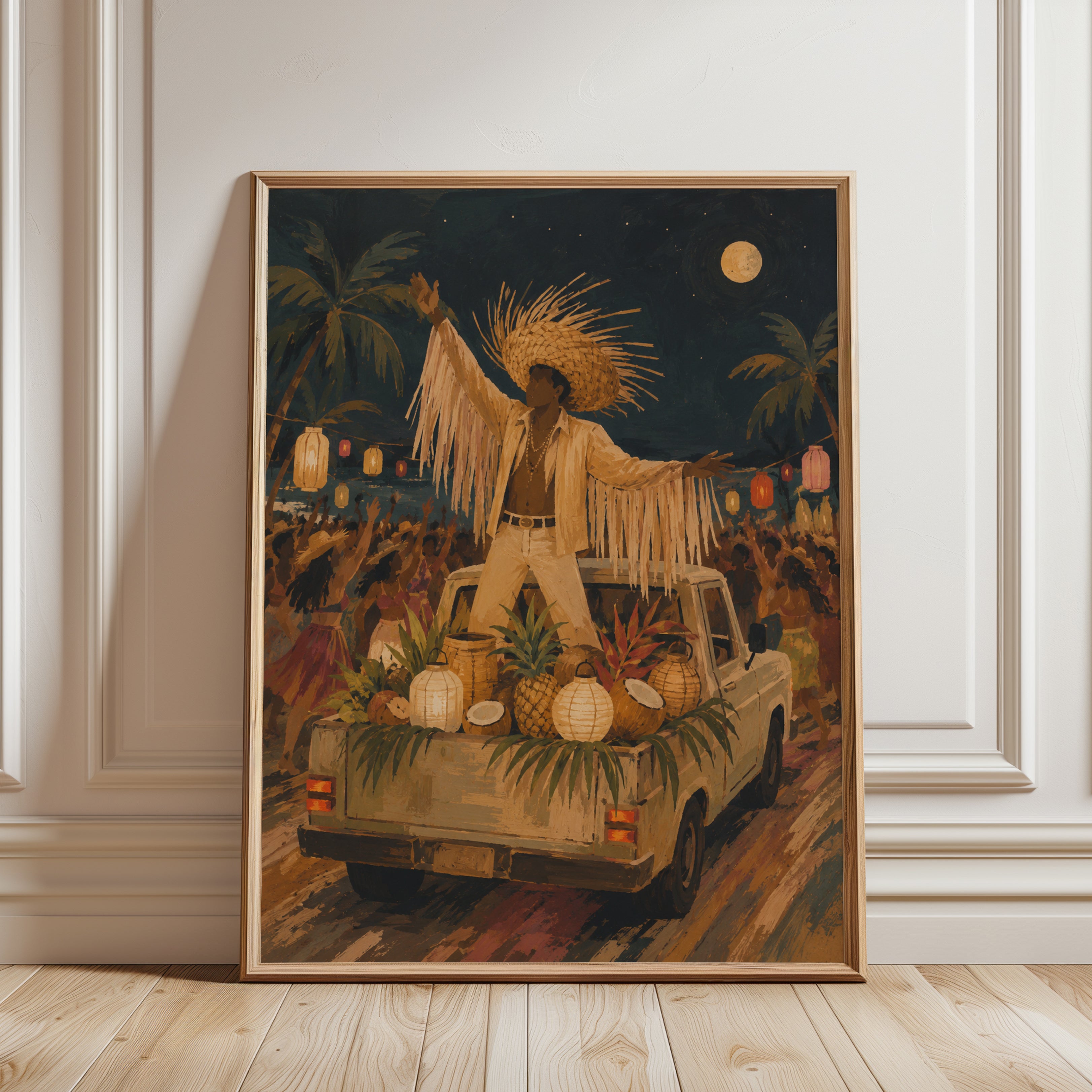 Tropical Carnival Parade Print: Golden Night Festival Art - framed detail