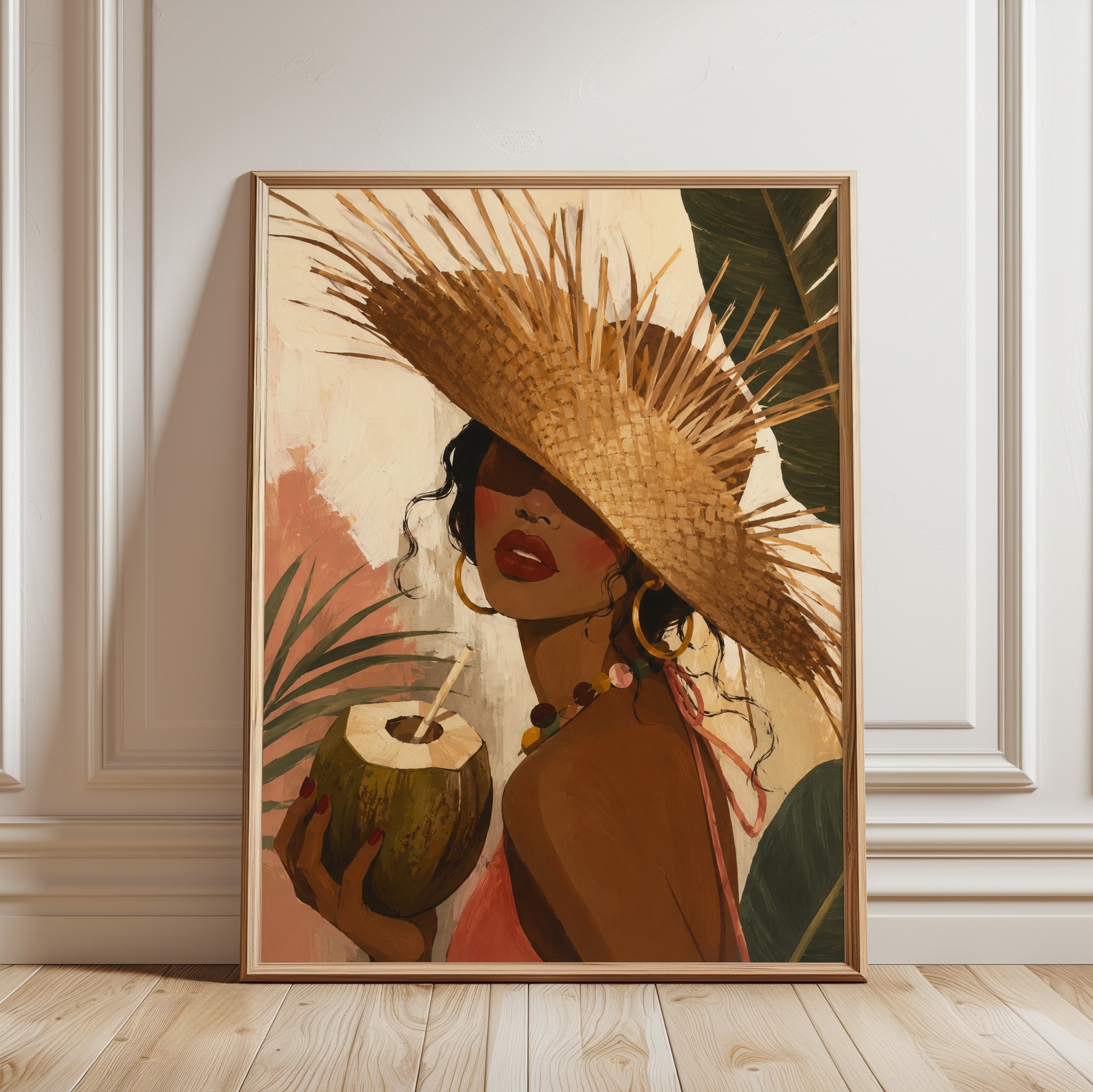Tropical Woman With Straw Hat Art Print: Warm Earth Tones - framed detail