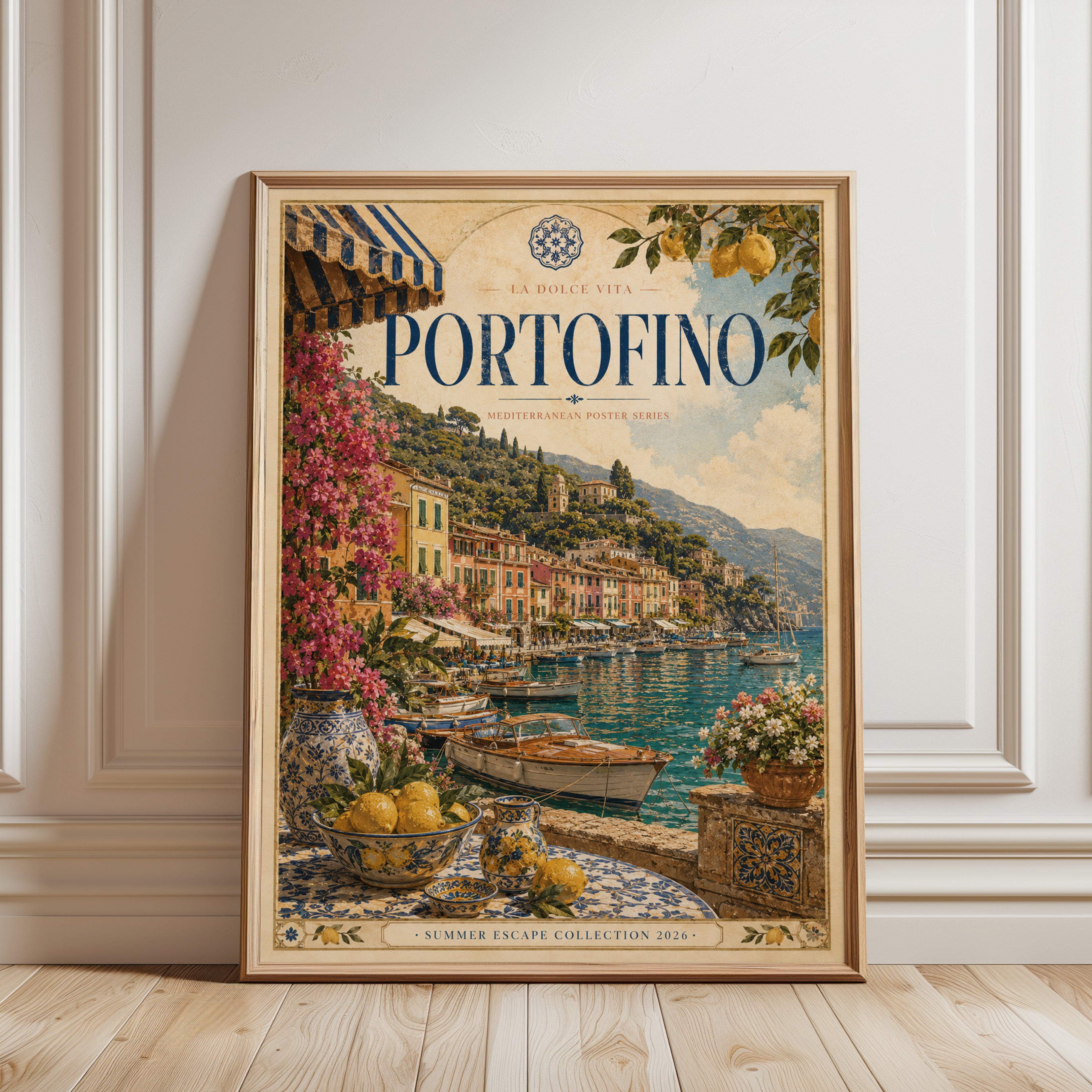 Portofino Vintage Travel Poster — Italian Coastal Art - framed detail