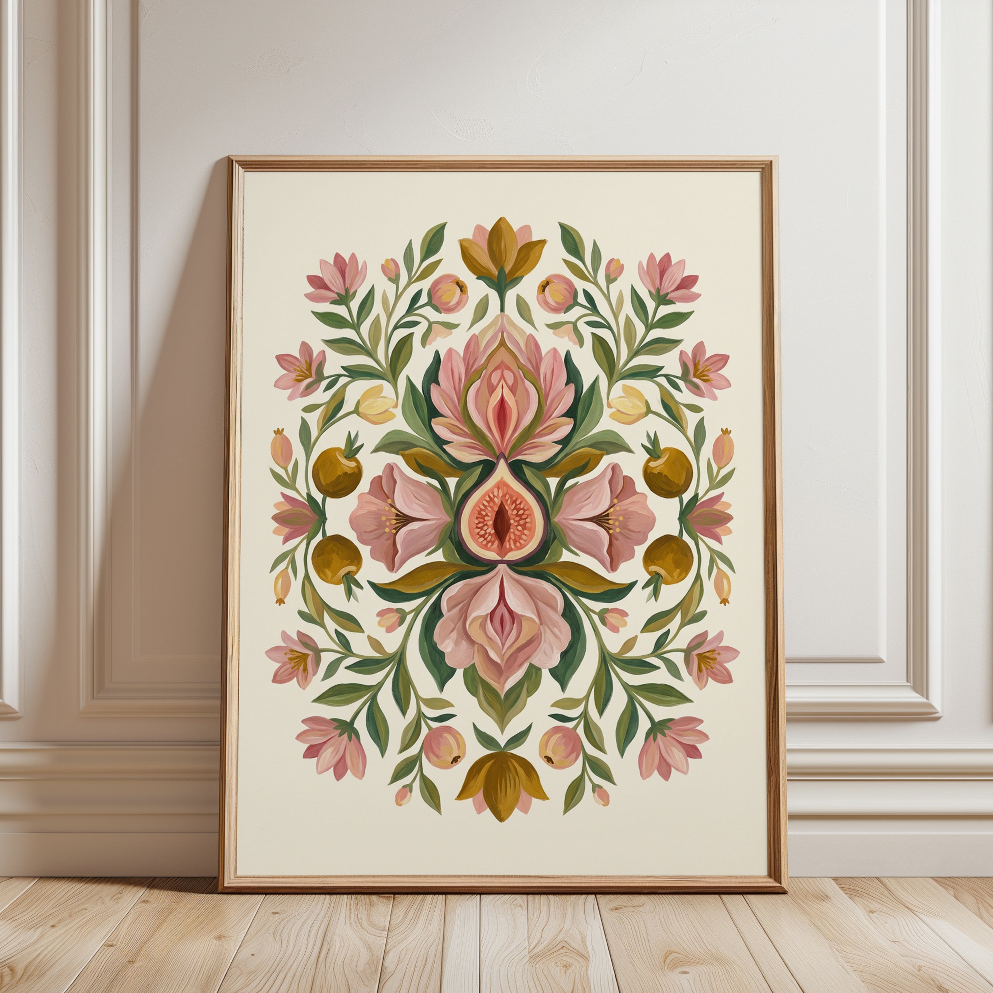 Folk Art Floral Print — Symmetrical Botanical Illustration - framed detail