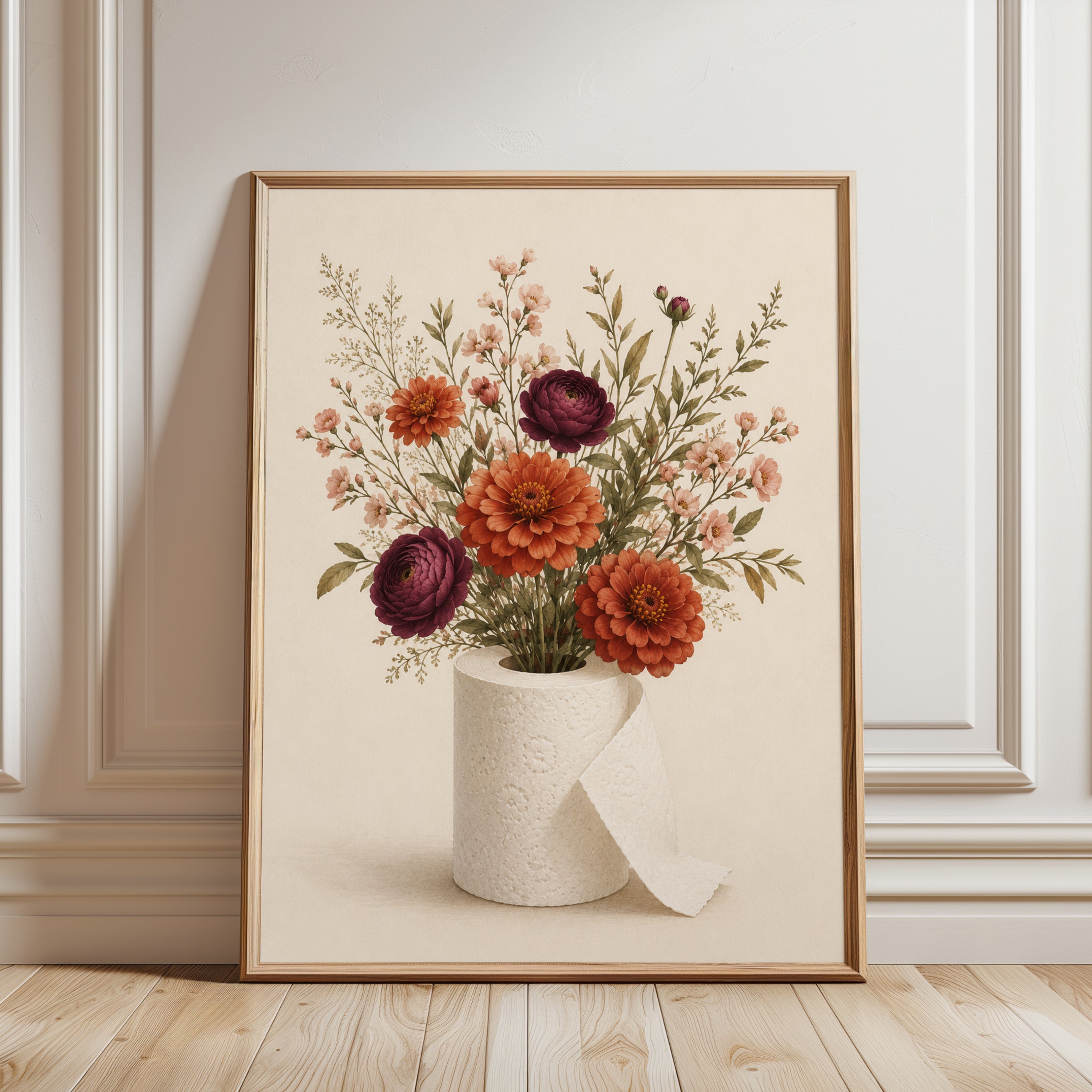Autumn Floral Arrangement Print: Orange and Burgundy Botanicals - framed detail