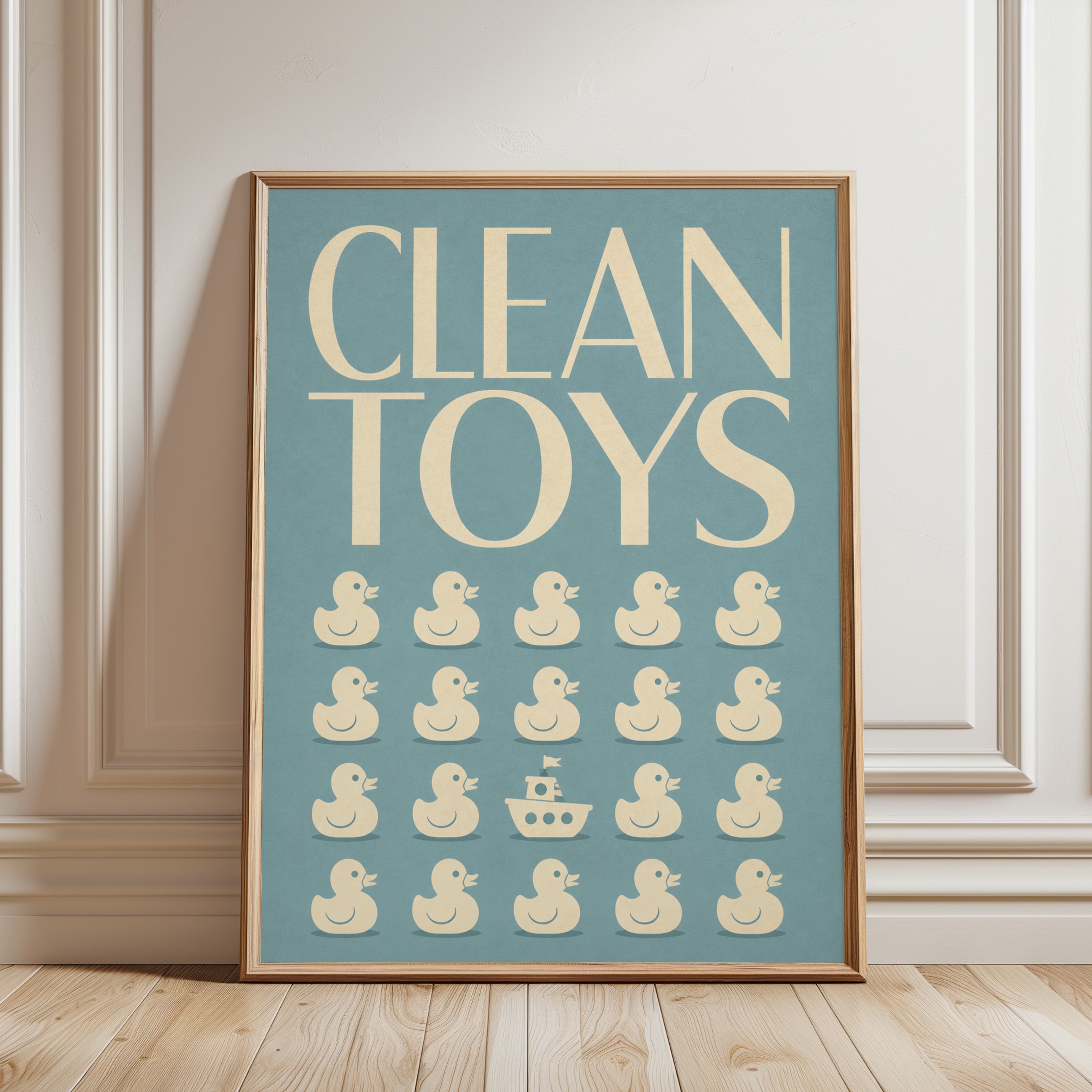 Clean Toys Bathroom Print: Retro Duck Illustration (Kids Room Art) - framed detail