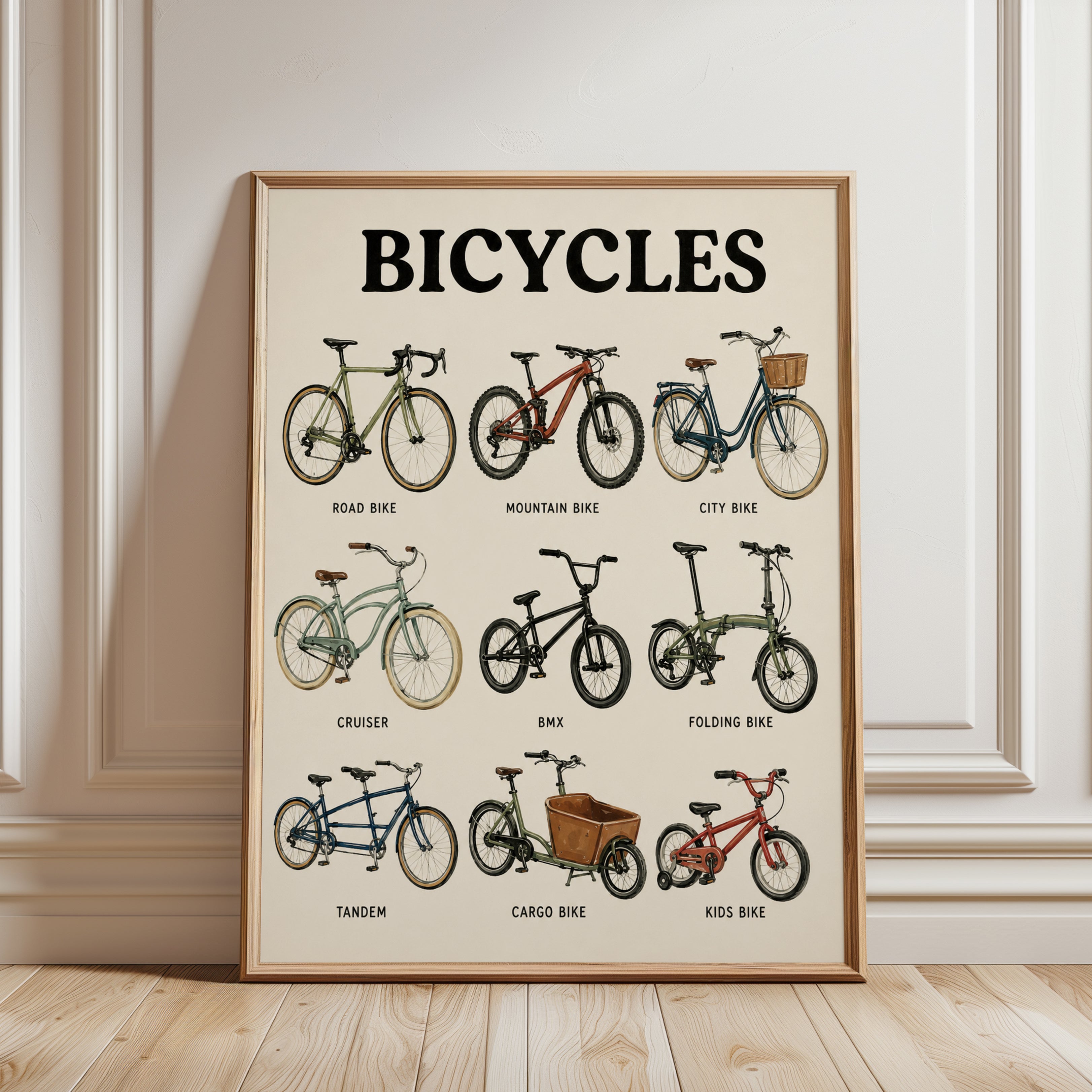 Bicycle Types Poster – Educational Bike Chart - framed detail