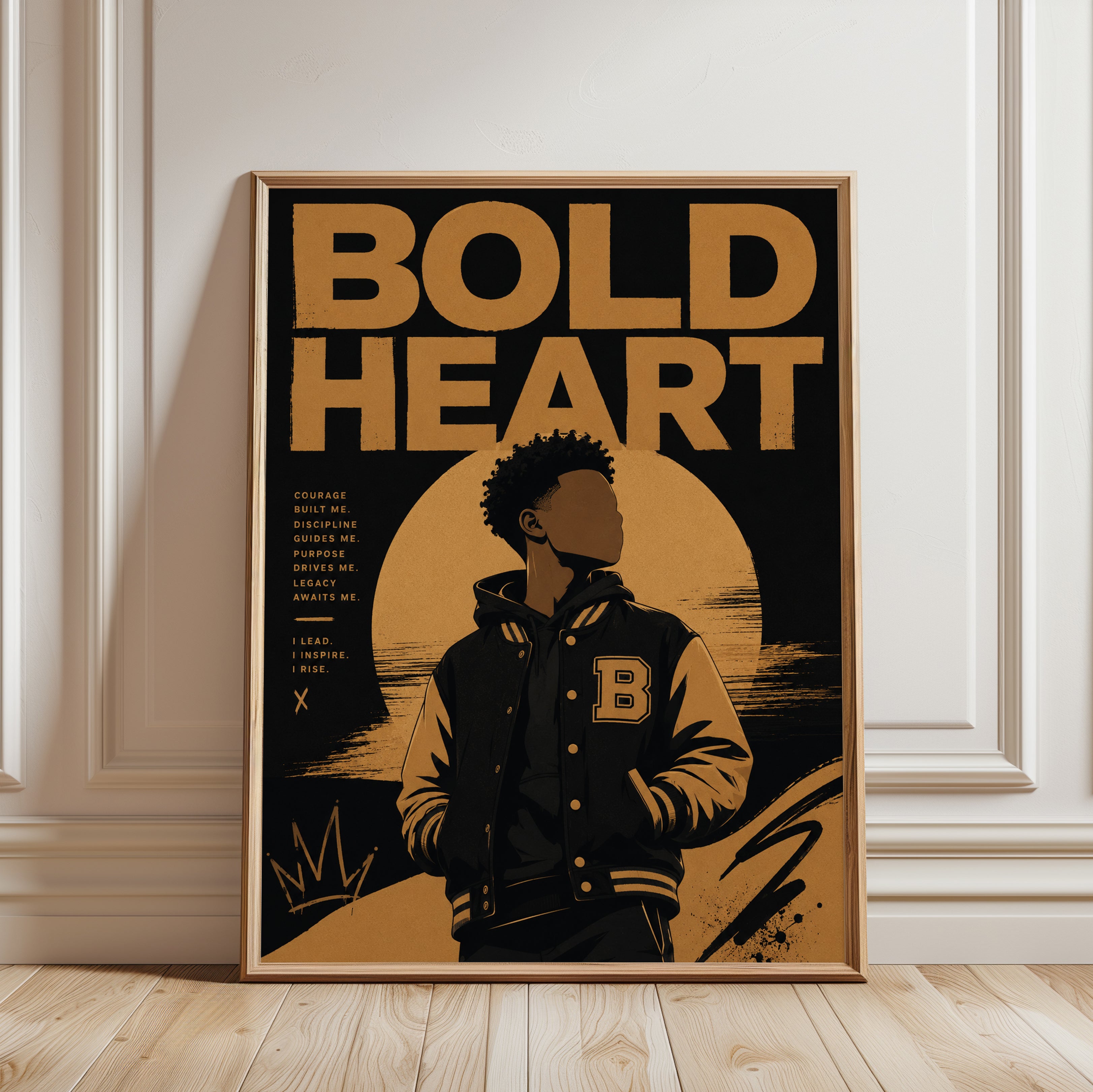 Bold Heart Motivational Poster: Black and Gold Typography Art - framed detail