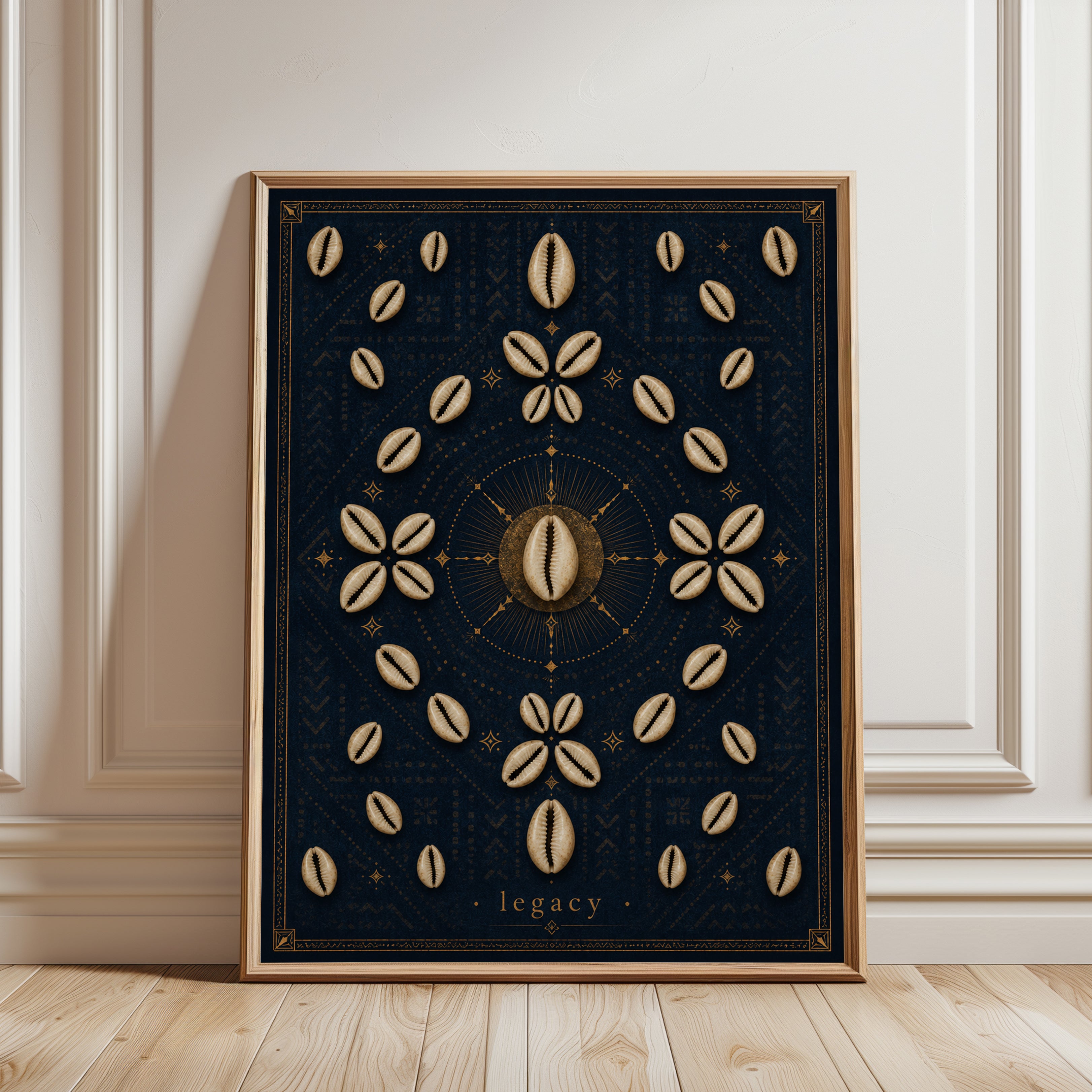 Celestial Mandala Wall Art – Cowrie Shell Print - framed detail