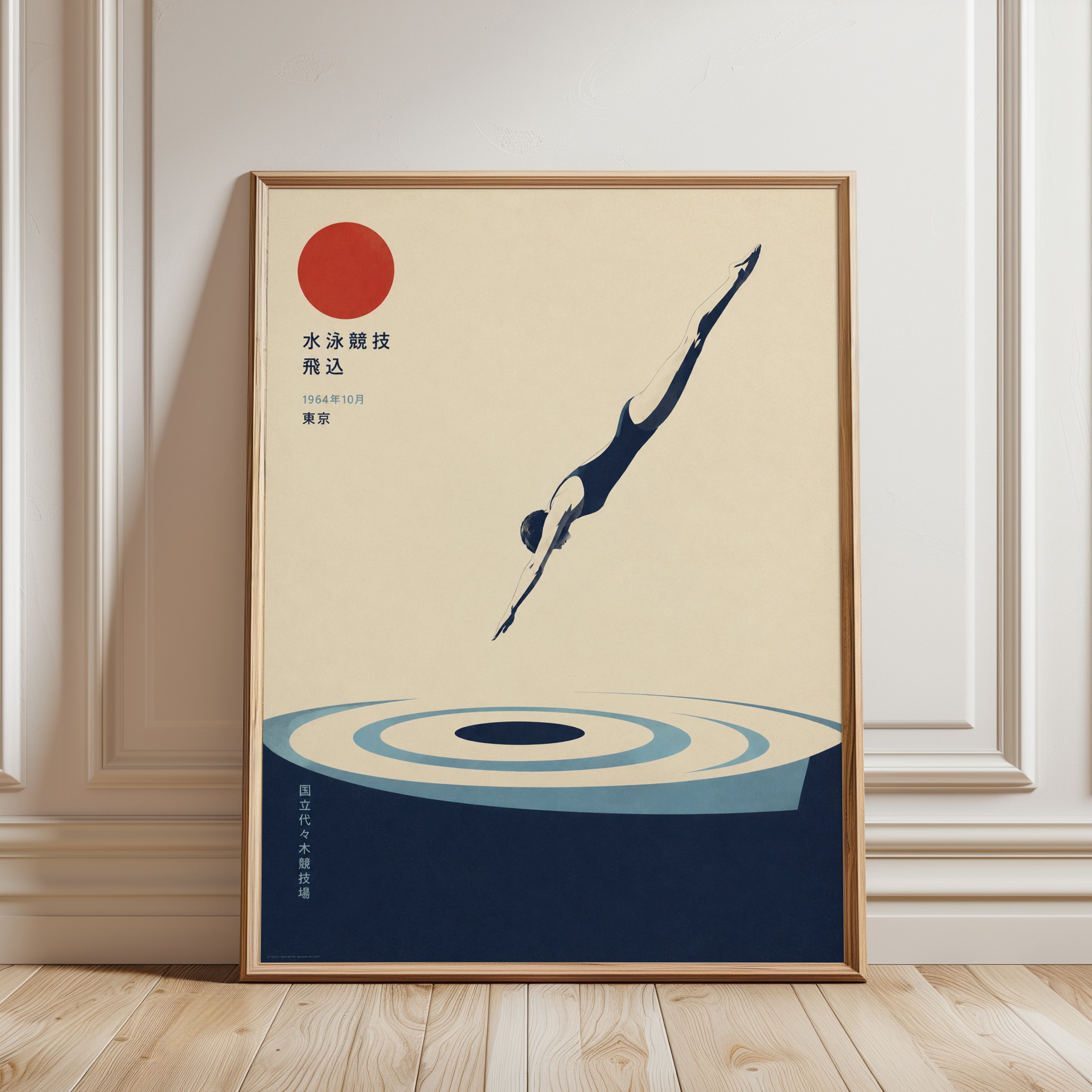 Vintage Swimming Poster – Retro Diving Wall Art - framed detail