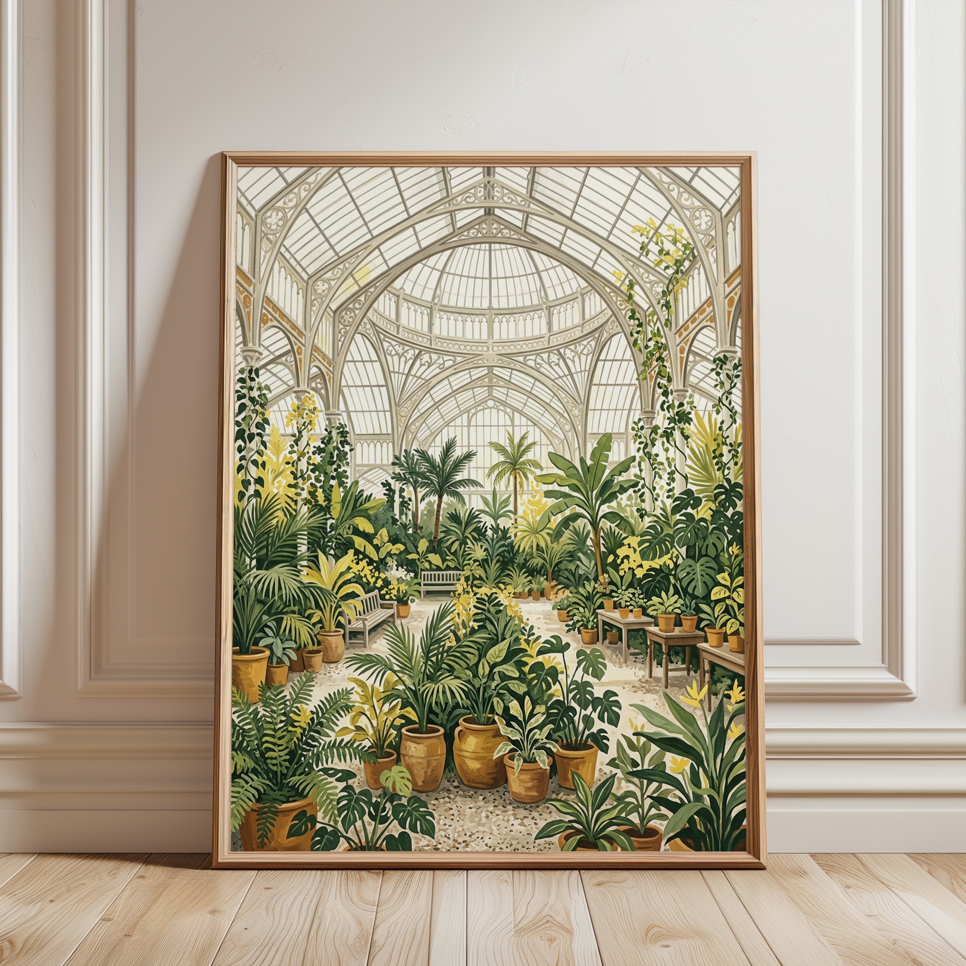 Victorian Conservatory Botanical Print: Green and Yellow Garden - framed detail