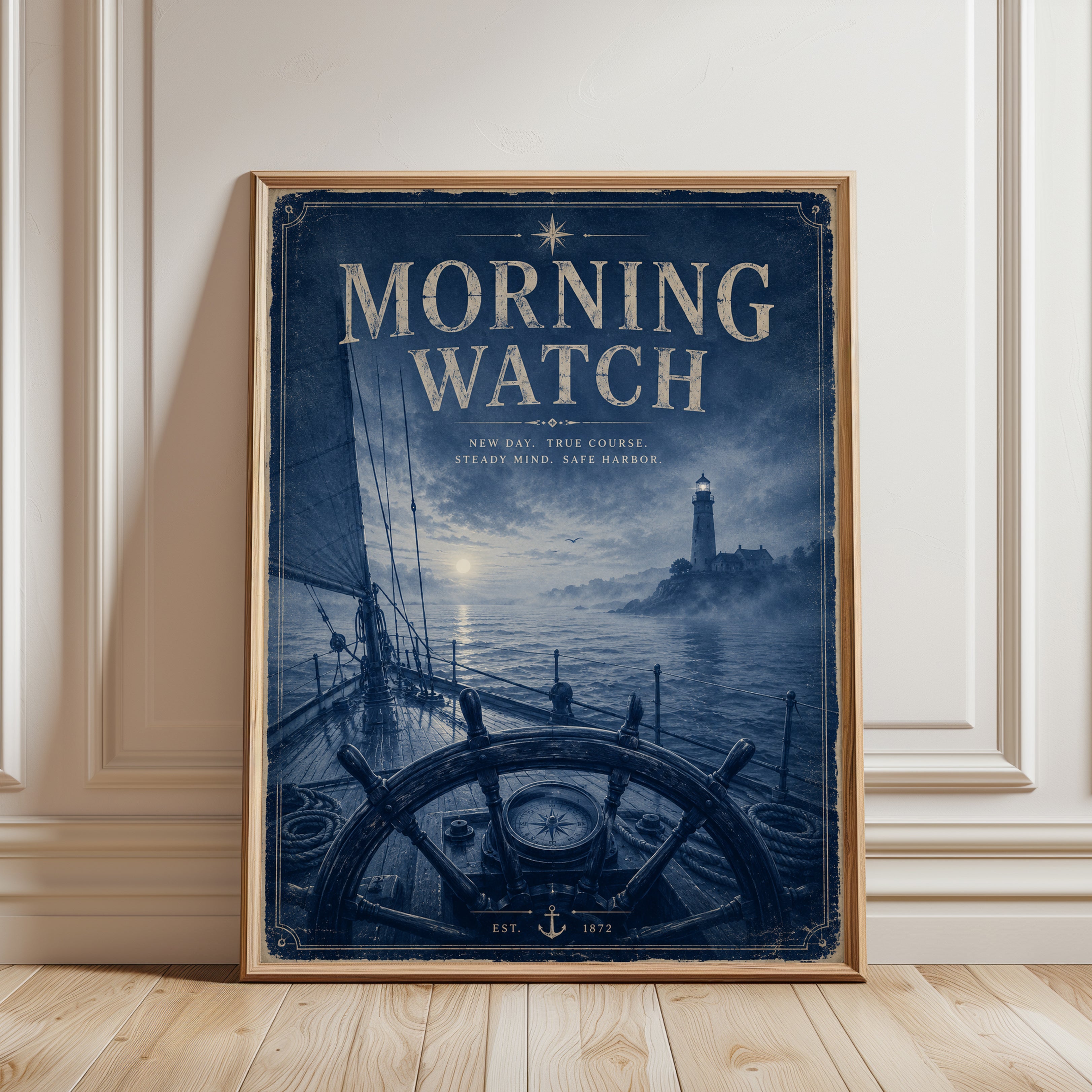 Morning Watch Nautical Poster: Vintage Blue Ship Lighthouse Art - framed detail