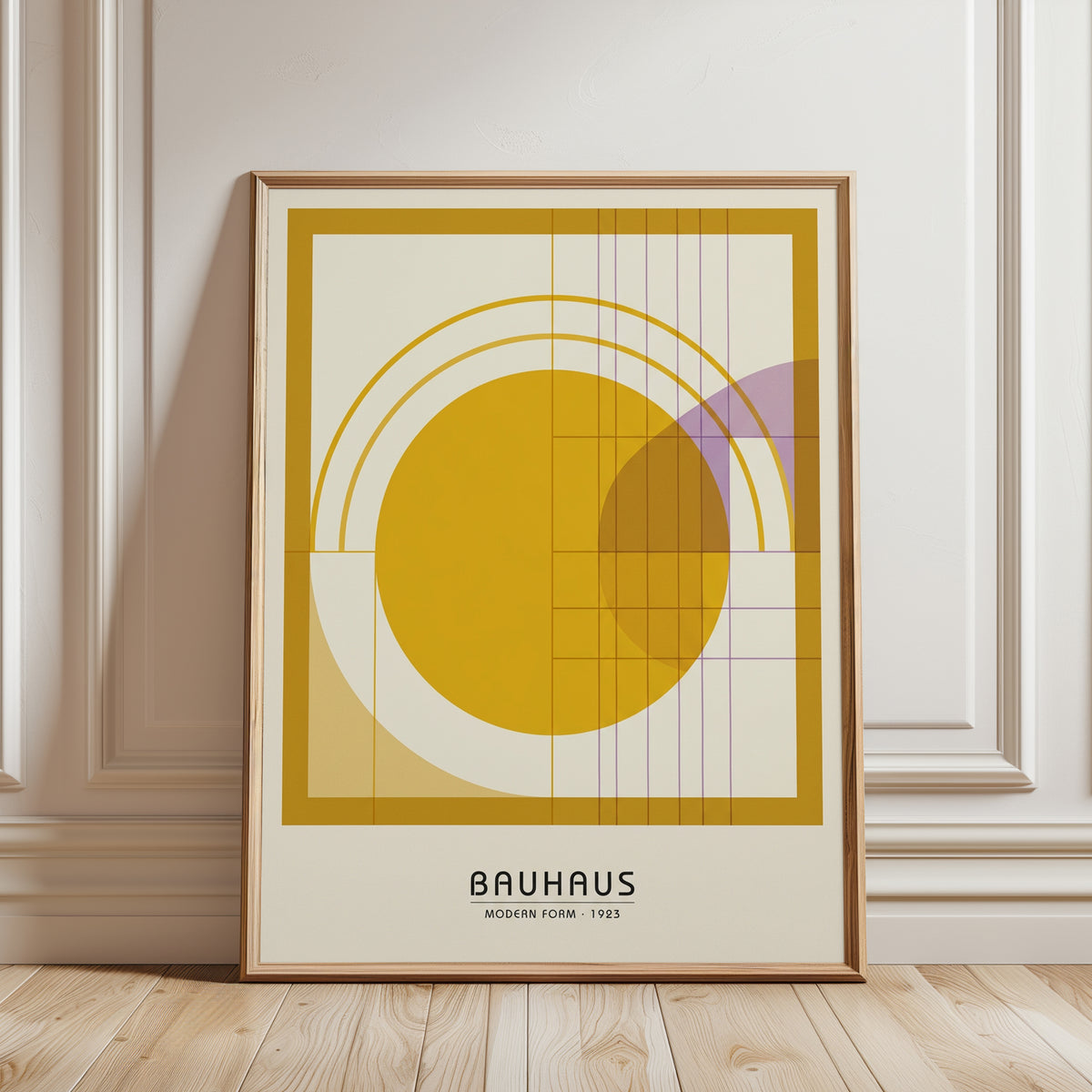 Bauhaus Geometric Circle Art Print: Mustard Yellow Modernist Design - framed detail