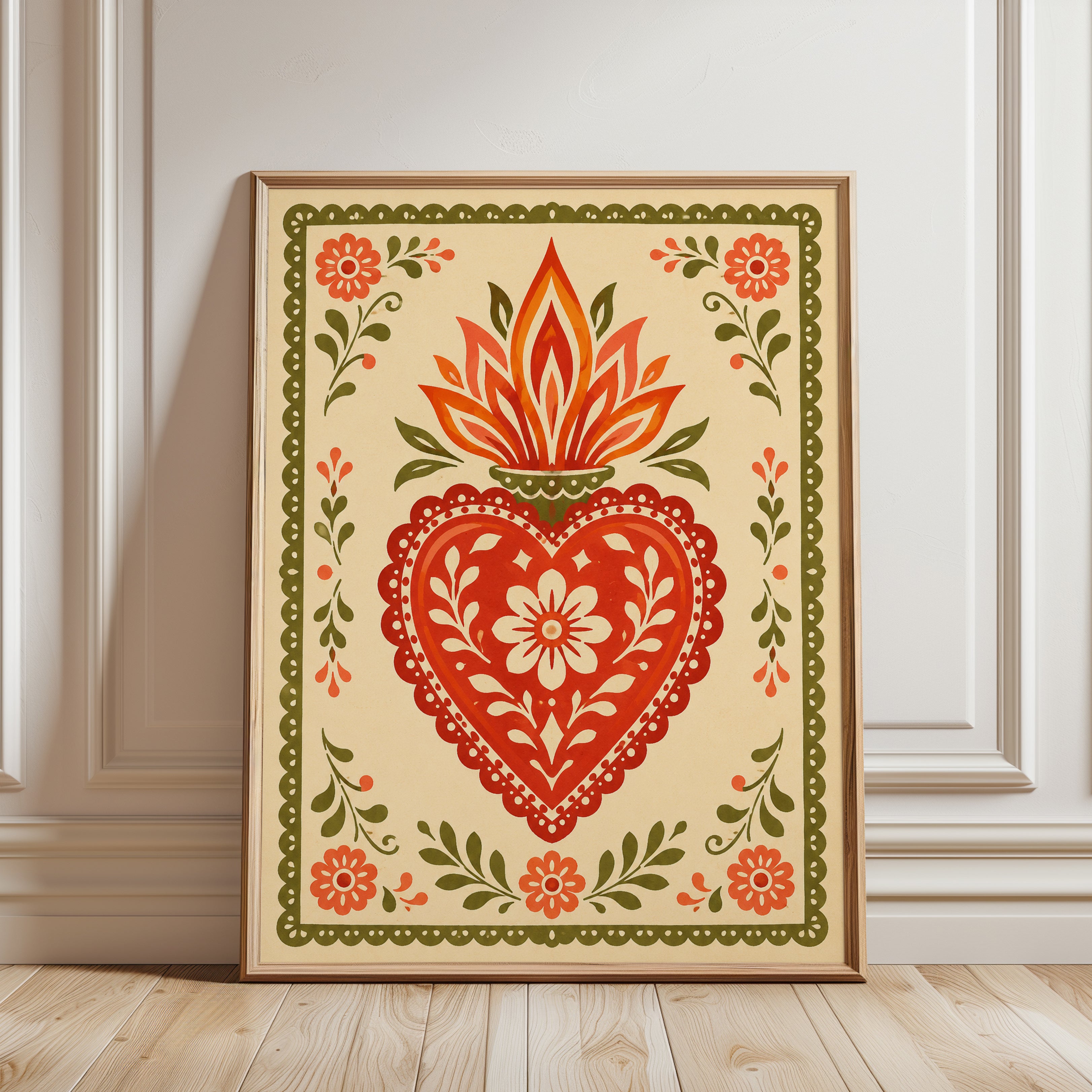Folk Art Sacred Heart Print - framed detail