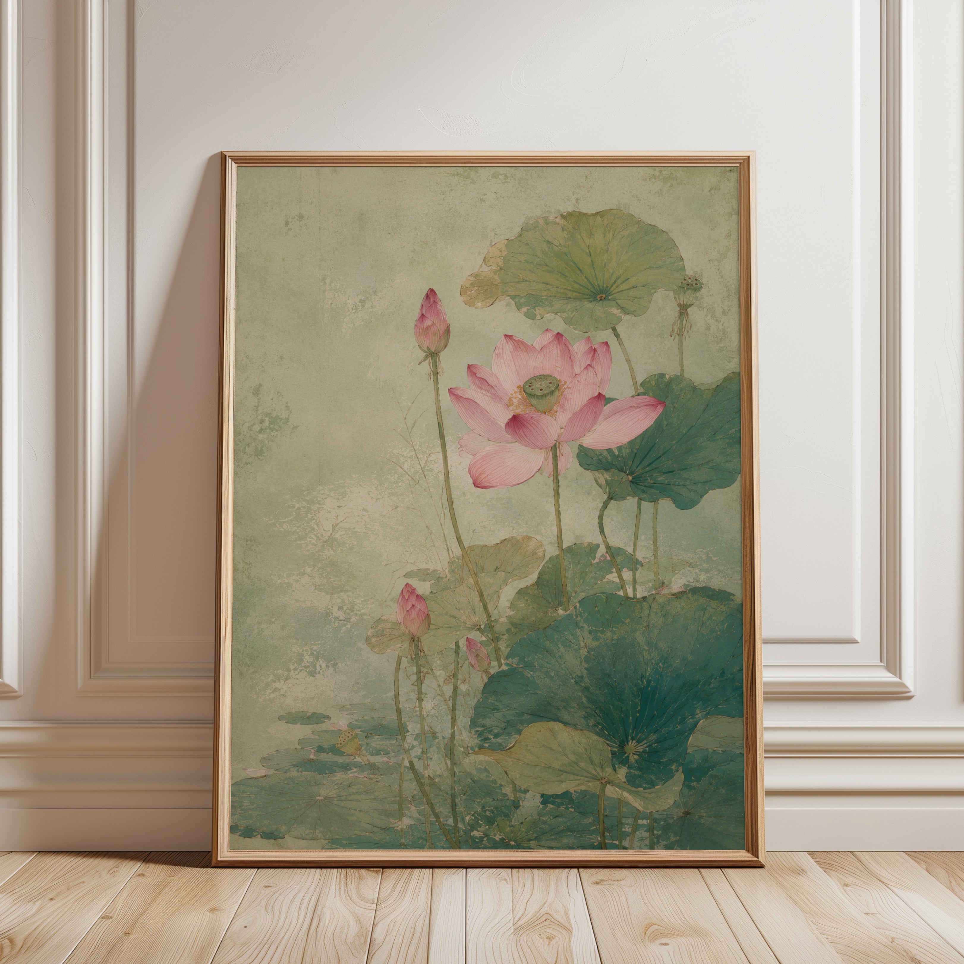 Pink Lotus Botanical Print: Vintage Asian Watercolor Art - framed detail