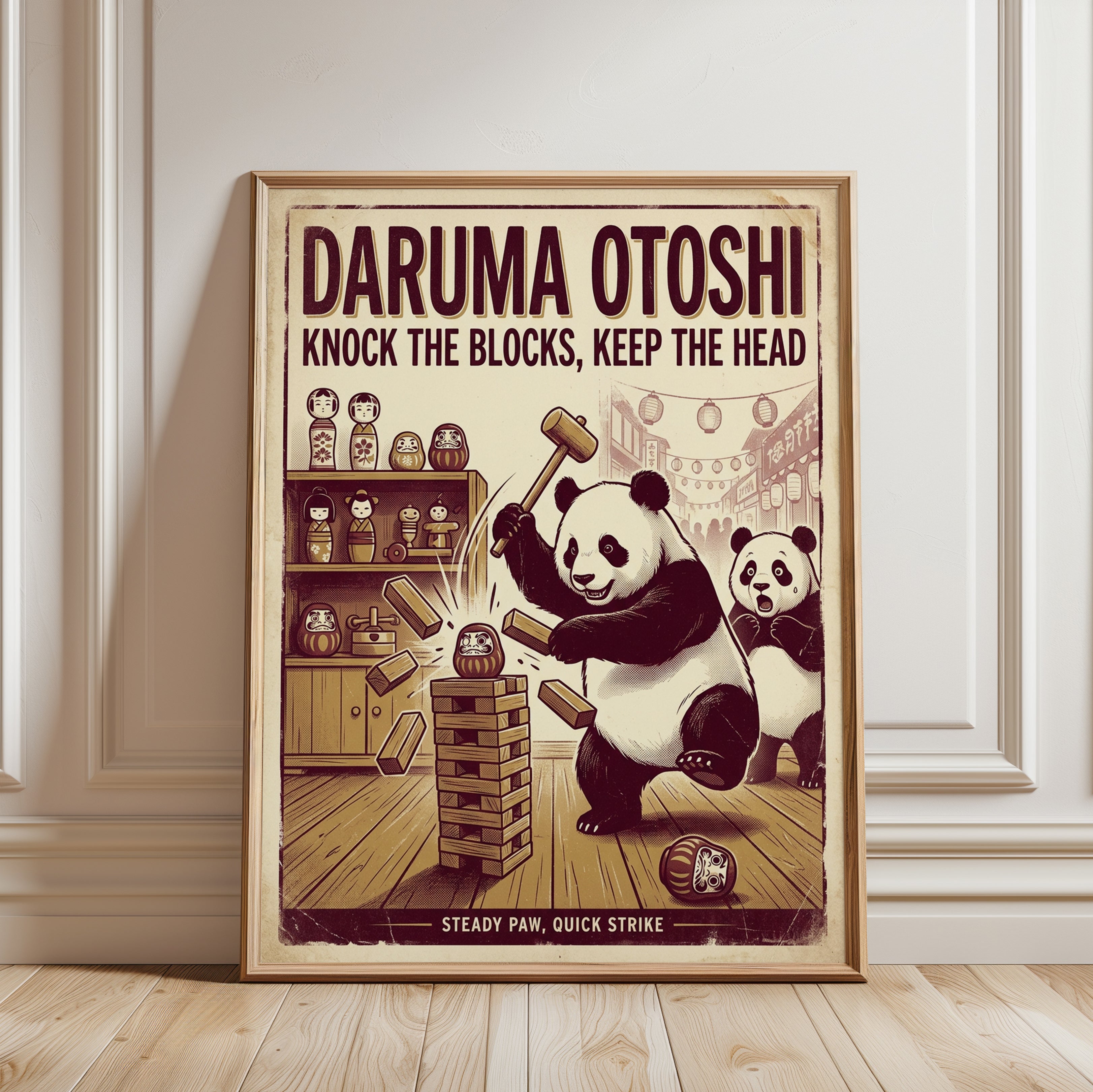 Panda Playing Jenga Poster: Retro Japanese Game Room Art - framed detail