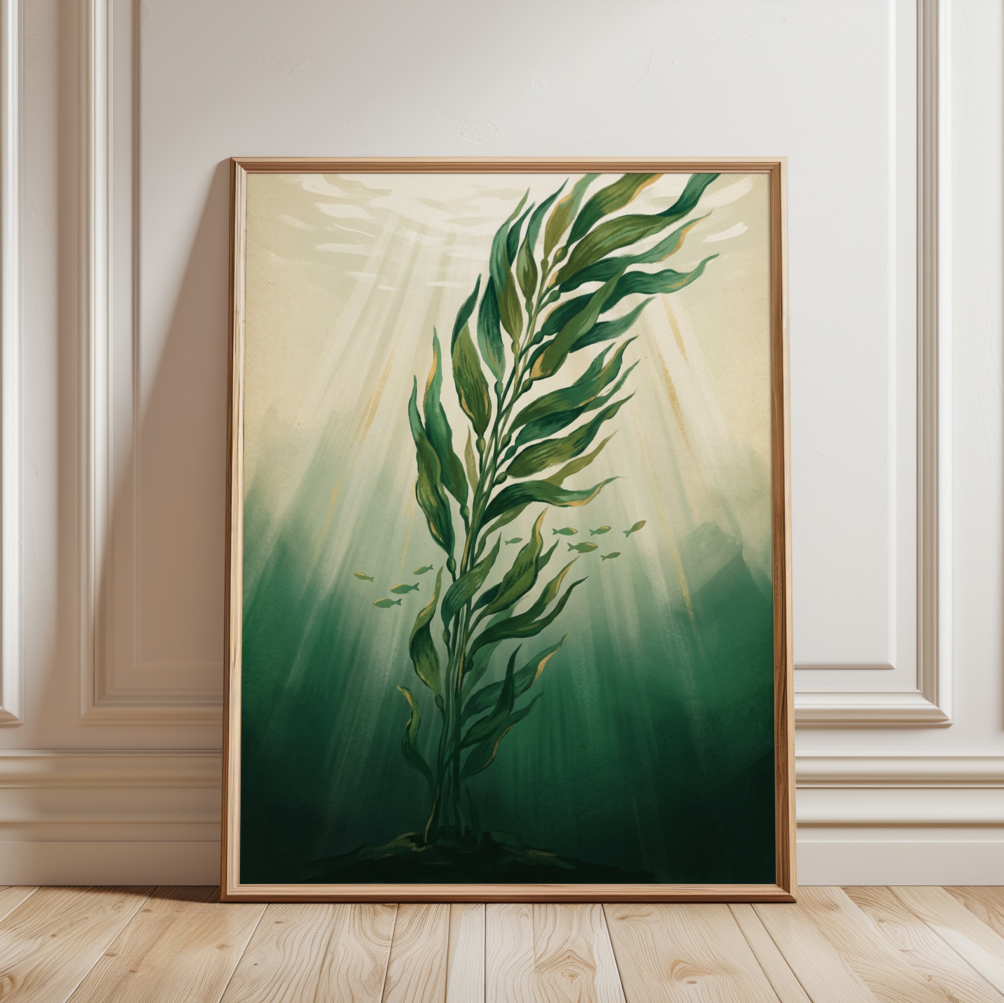 Underwater Kelp Painting — Flowing Seaweed Botanical Art - framed detail