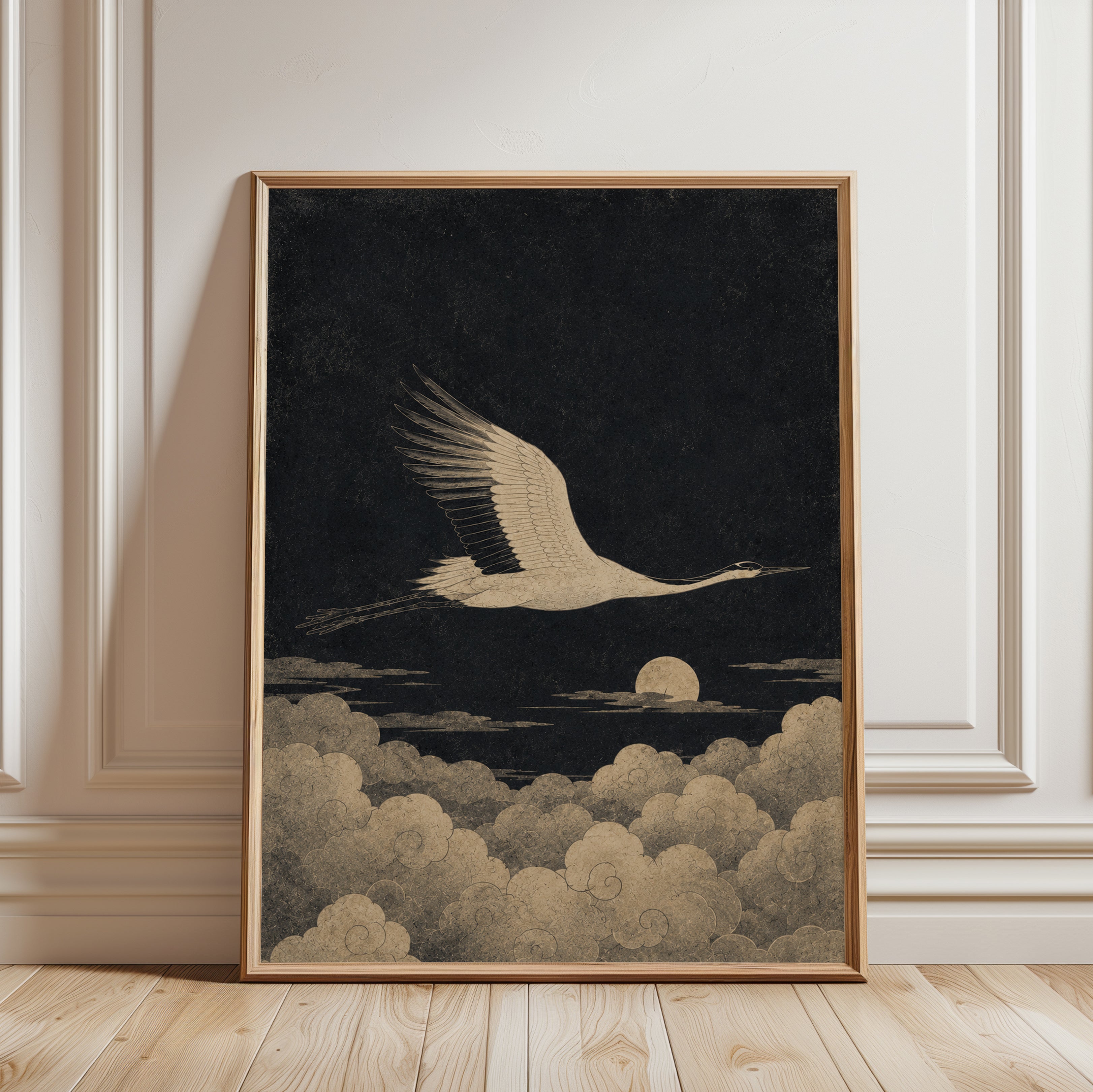 Japanese Crane Print: Vintage Oriental Bird Artwork (Gold & Black) - framed detail