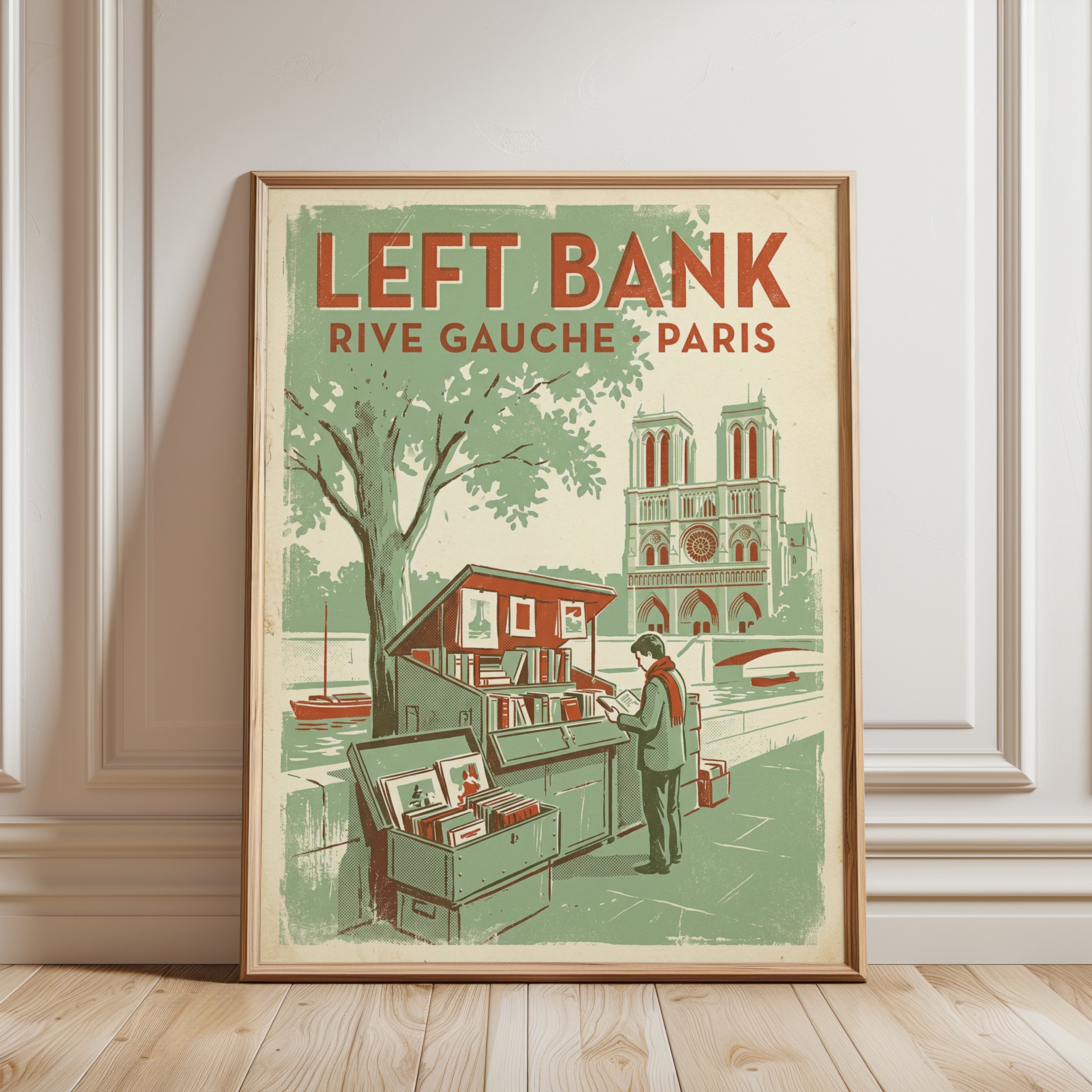 Left Bank Paris Poster: Vintage Travel Art With Notre Dame - framed detail