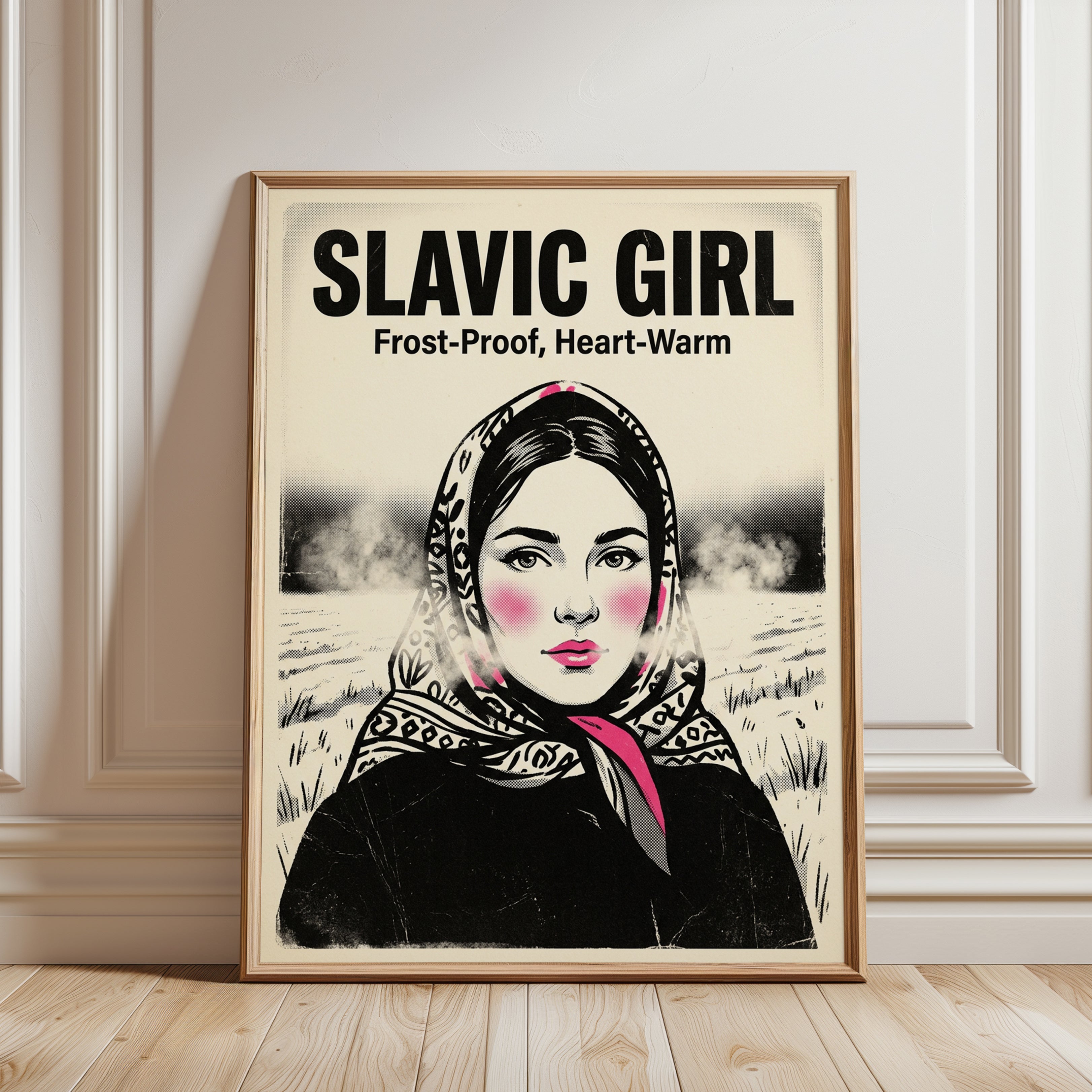 Slavic Girl Vintage Poster: Soviet Propaganda Style Wall Art - framed detail