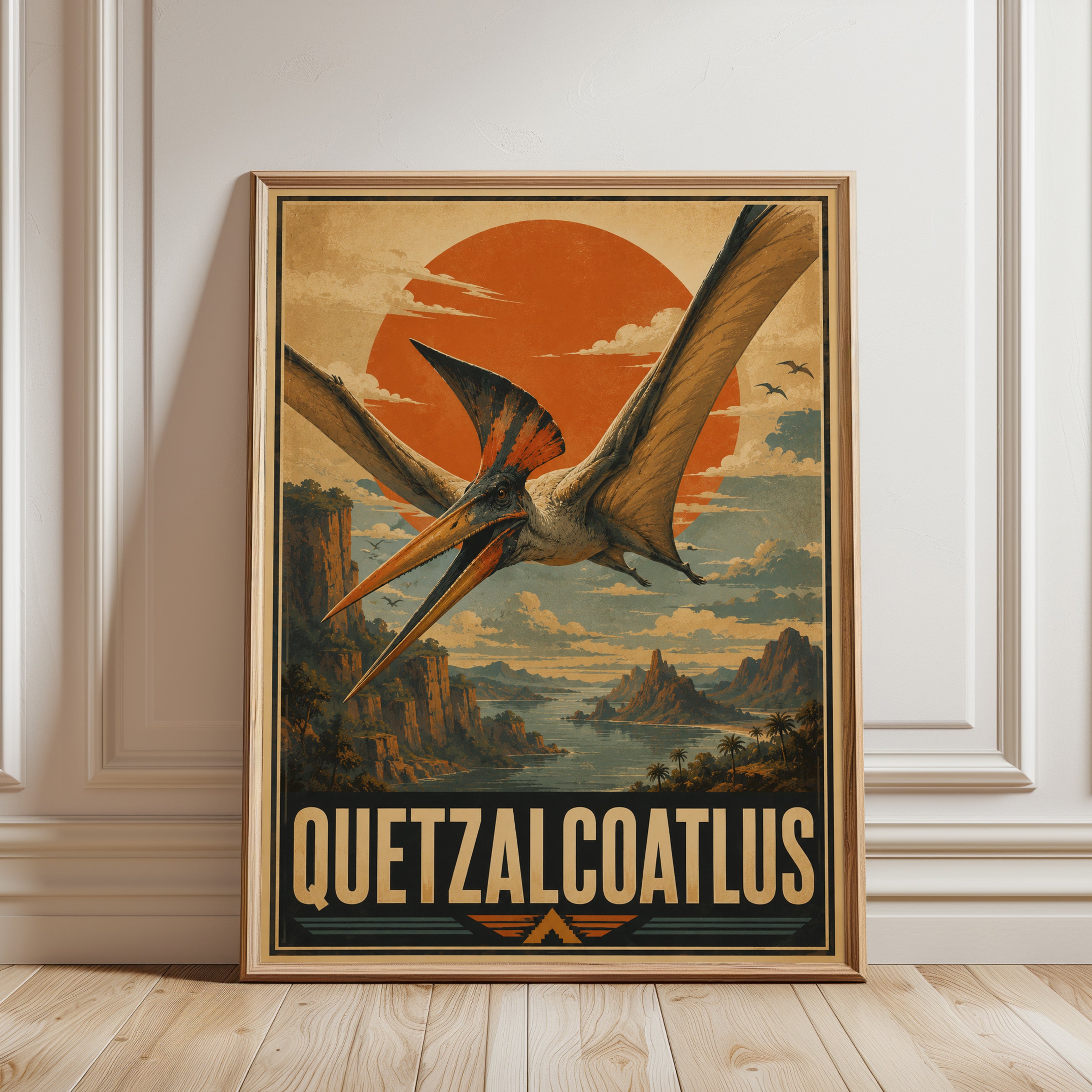 Quetzalcoatlus Poster: Vintage Dinosaur Travel Art Print - framed detail