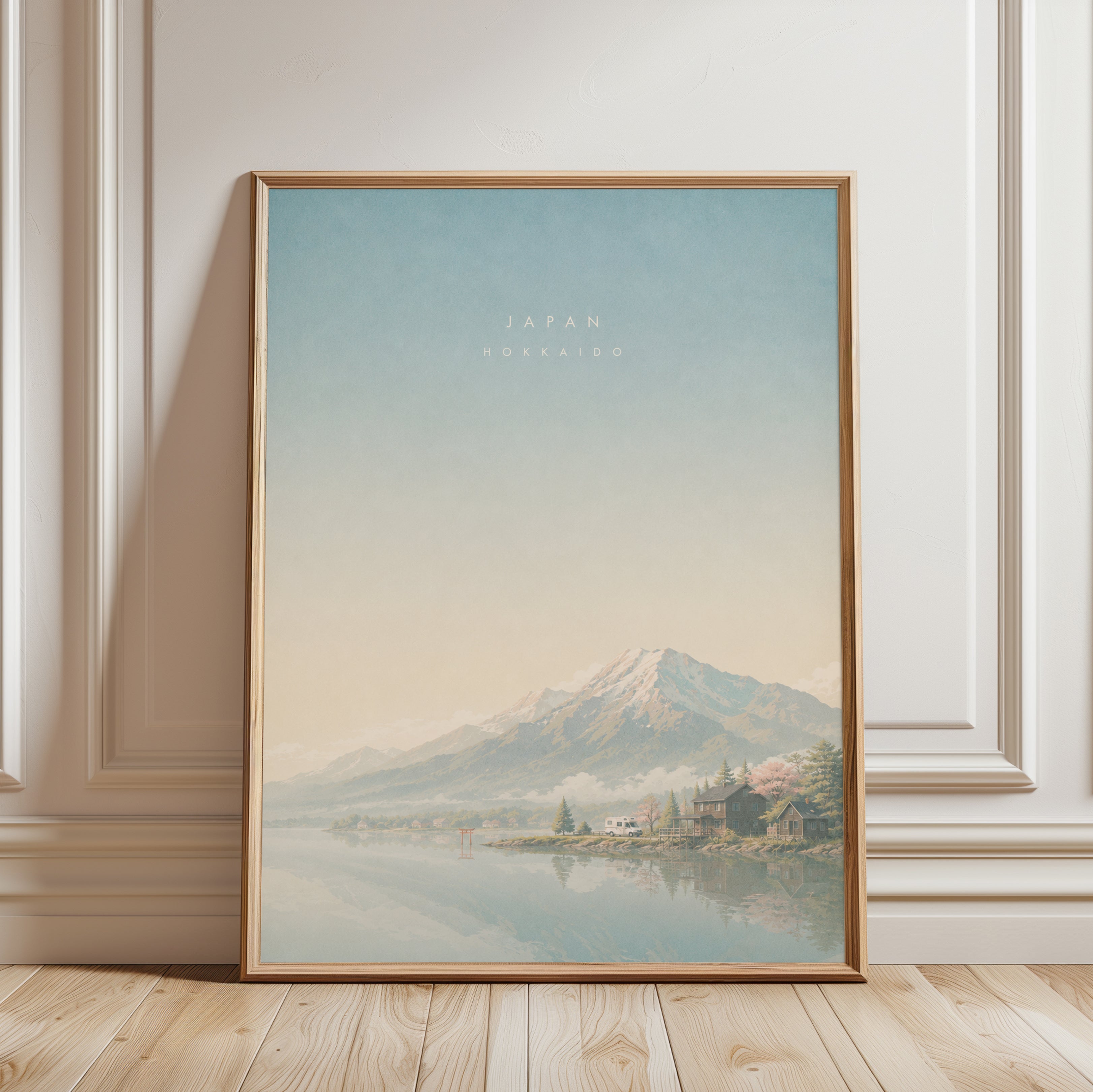 Hokkaido Mountain Lake Poster: Pastel Japanese Landscape Art - framed detail