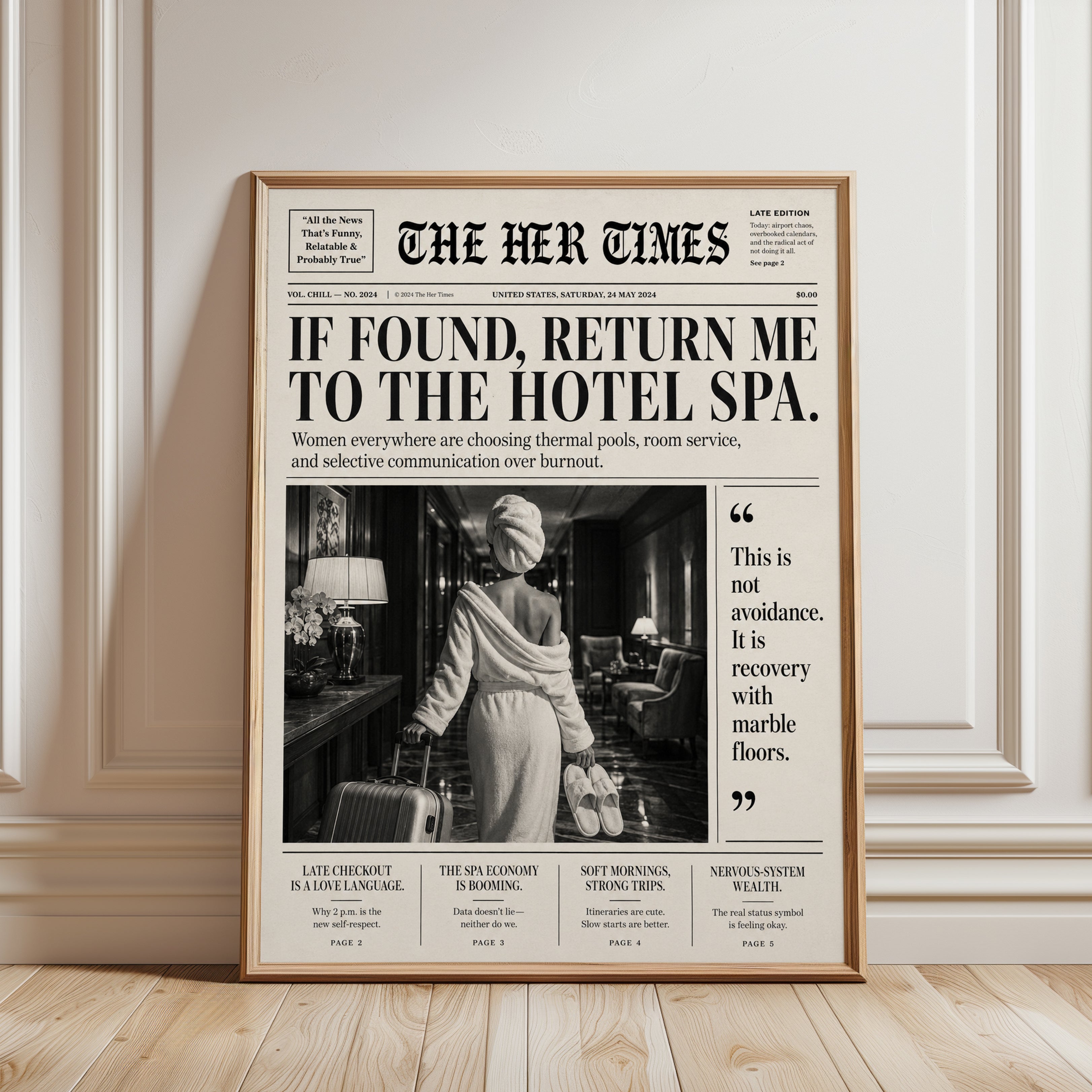 Vintage Newspaper Wall Art: Humorous Hotel Spa Headline - framed detail