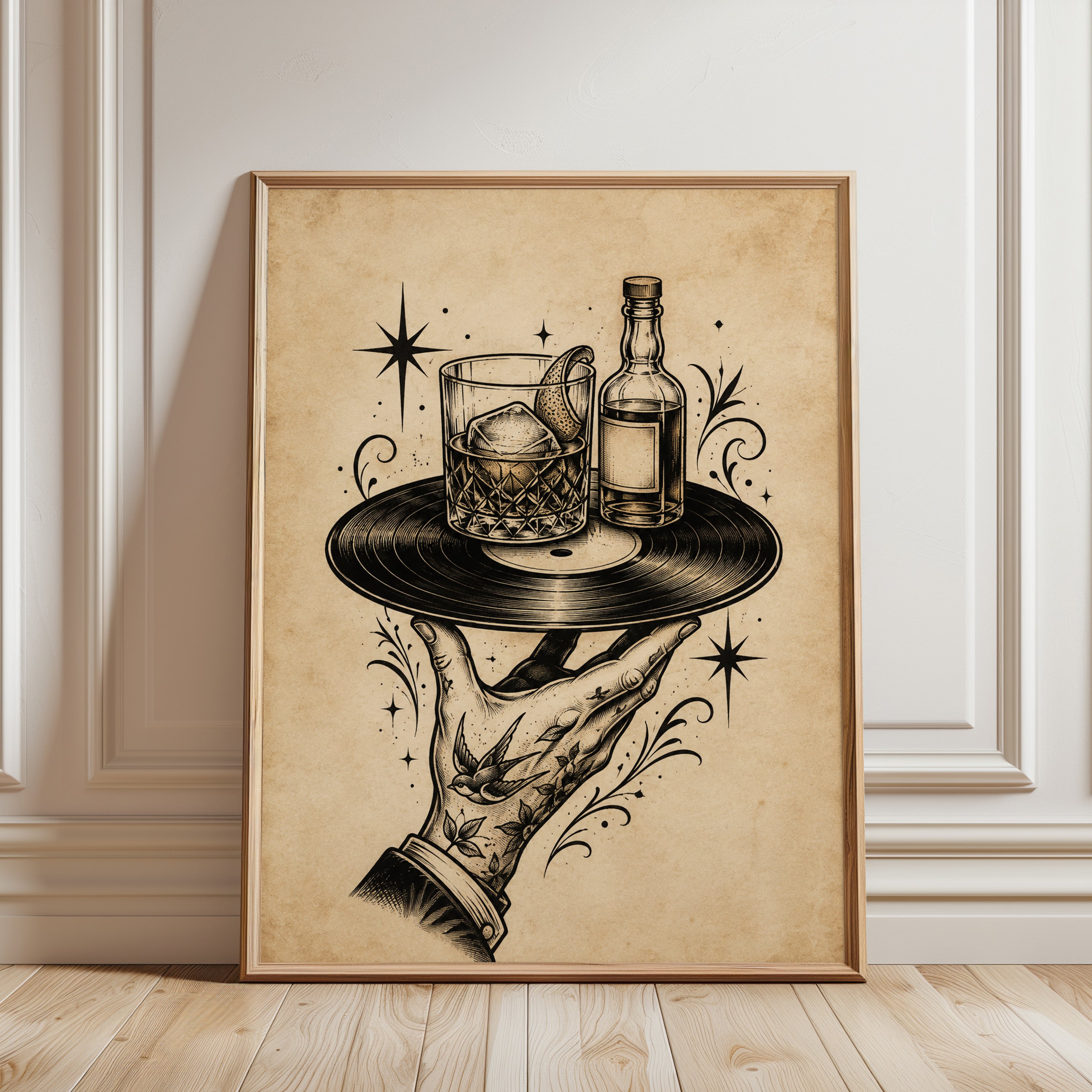 Vintage Cocktail Vinyl Record Art Print: Retro Bar Illustration - framed detail
