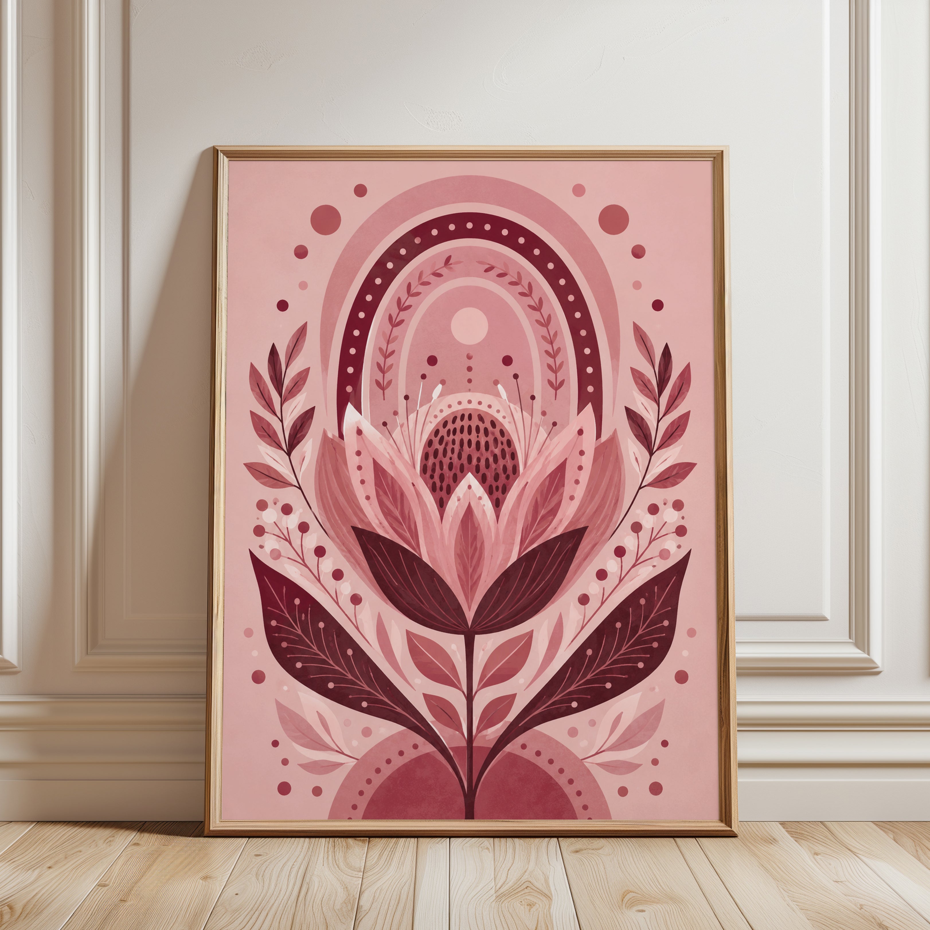 Pink Botanical Wall Art – Floral Folk Art Print - framed detail