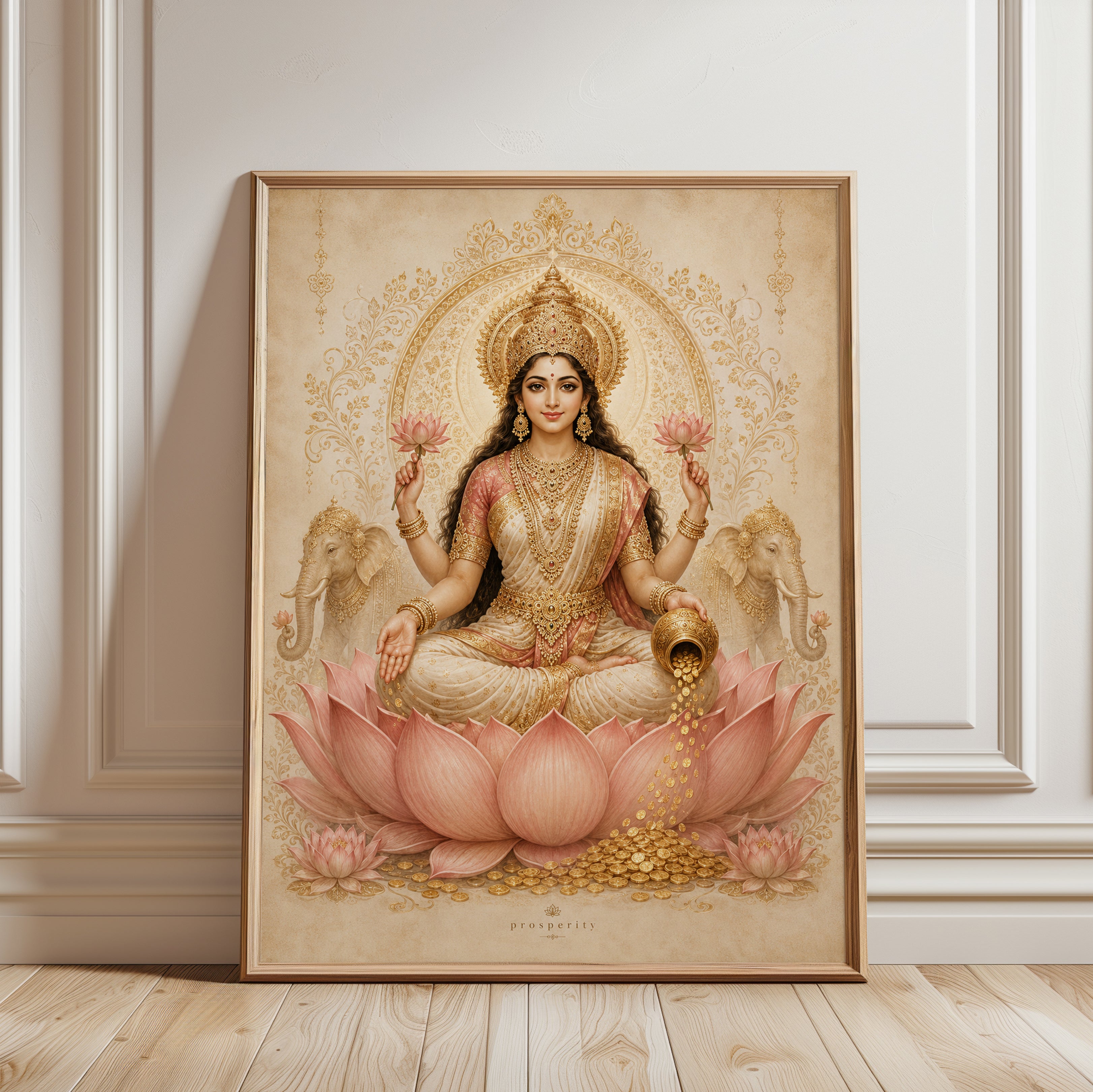 Lotus Goddess Wall Art – Indian Spiritual Decor - framed detail