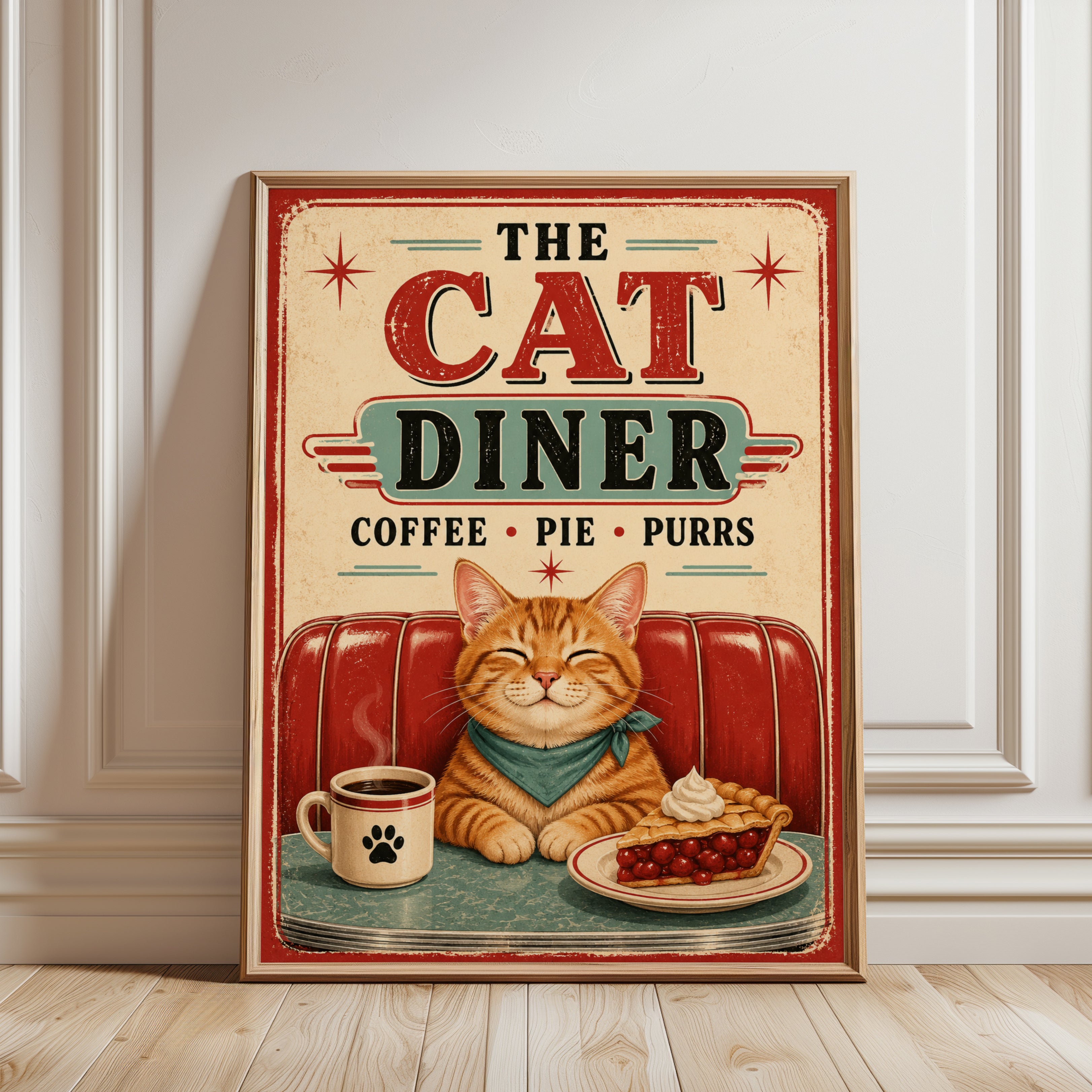 Retro Cat Diner Print - framed detail
