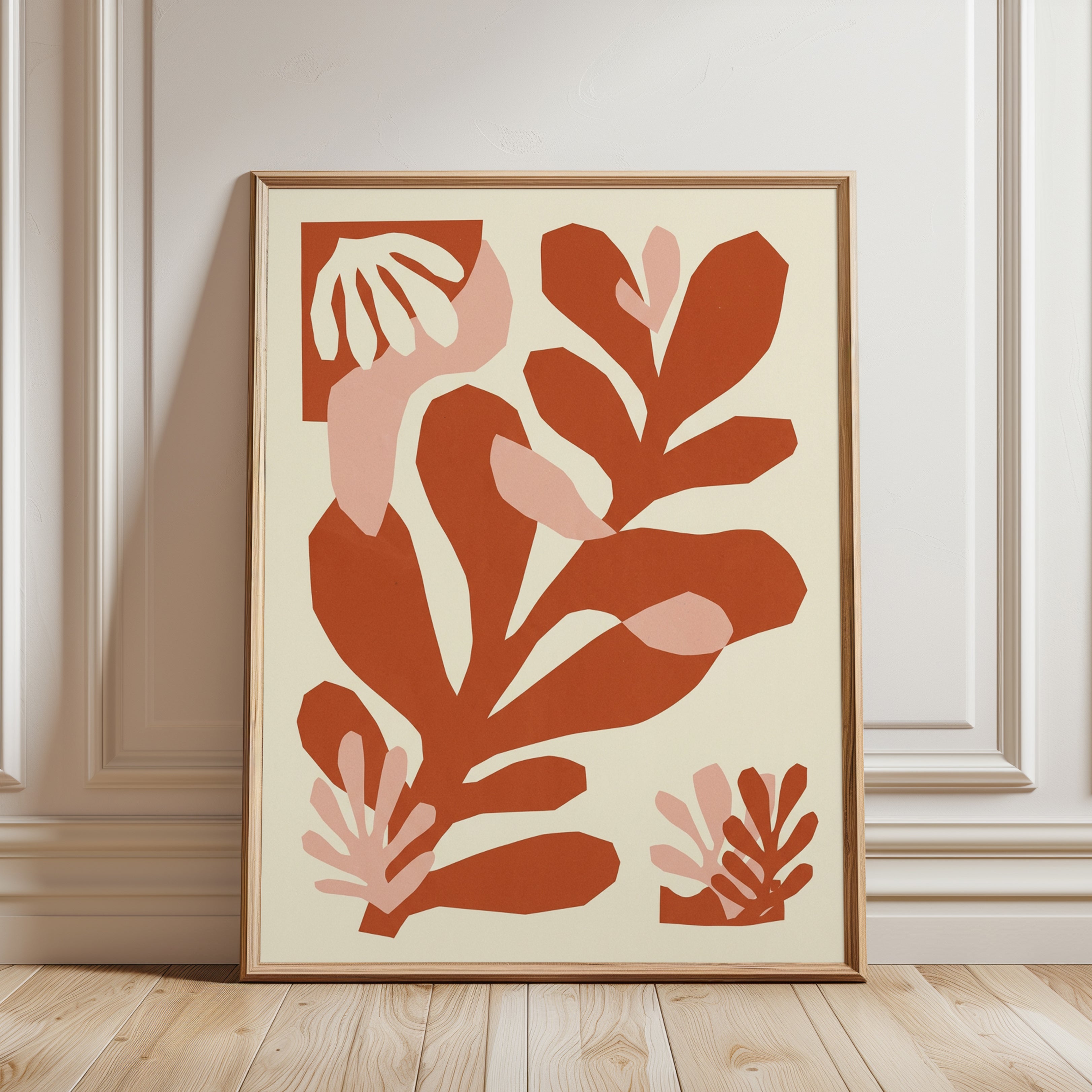 Abstract Botanical Cutout Art Print: Terracotta and Pink Shapes - framed detail