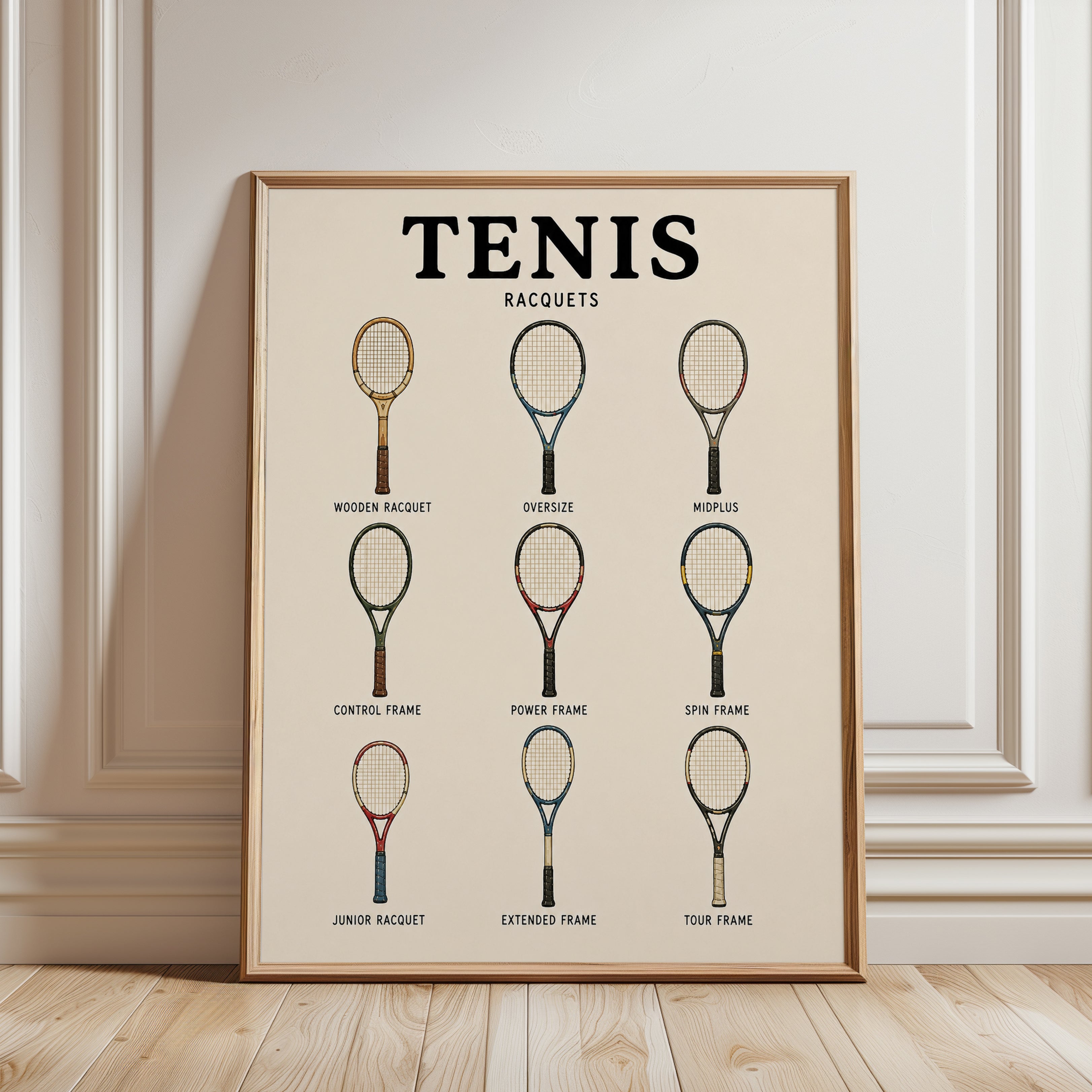 Tennis Racquets Chart Print — Vintage Sports Illustration - framed detail