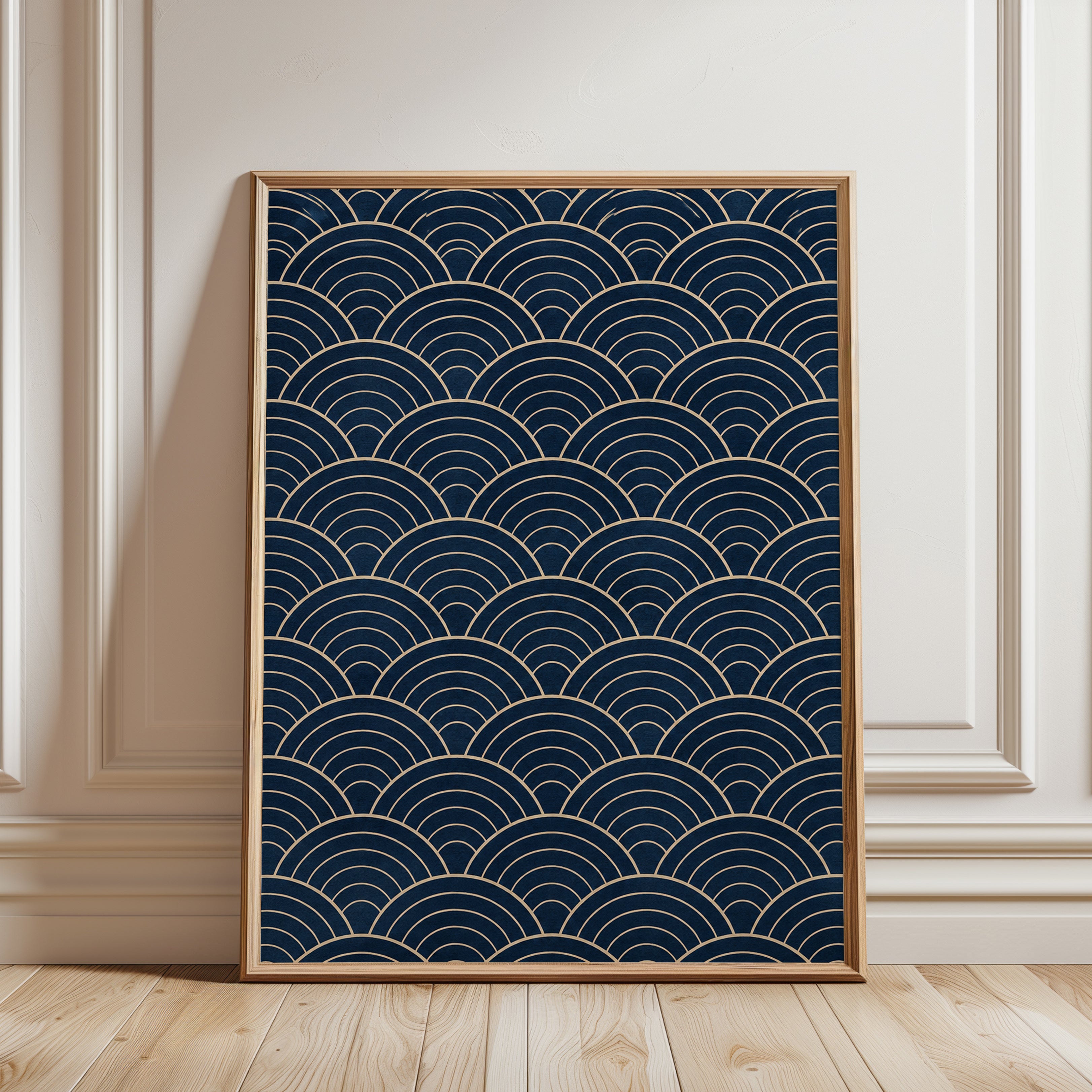 Wave Pattern Wall Art: Traditional Japanese Seigaiha (Navy & Gold) - framed detail