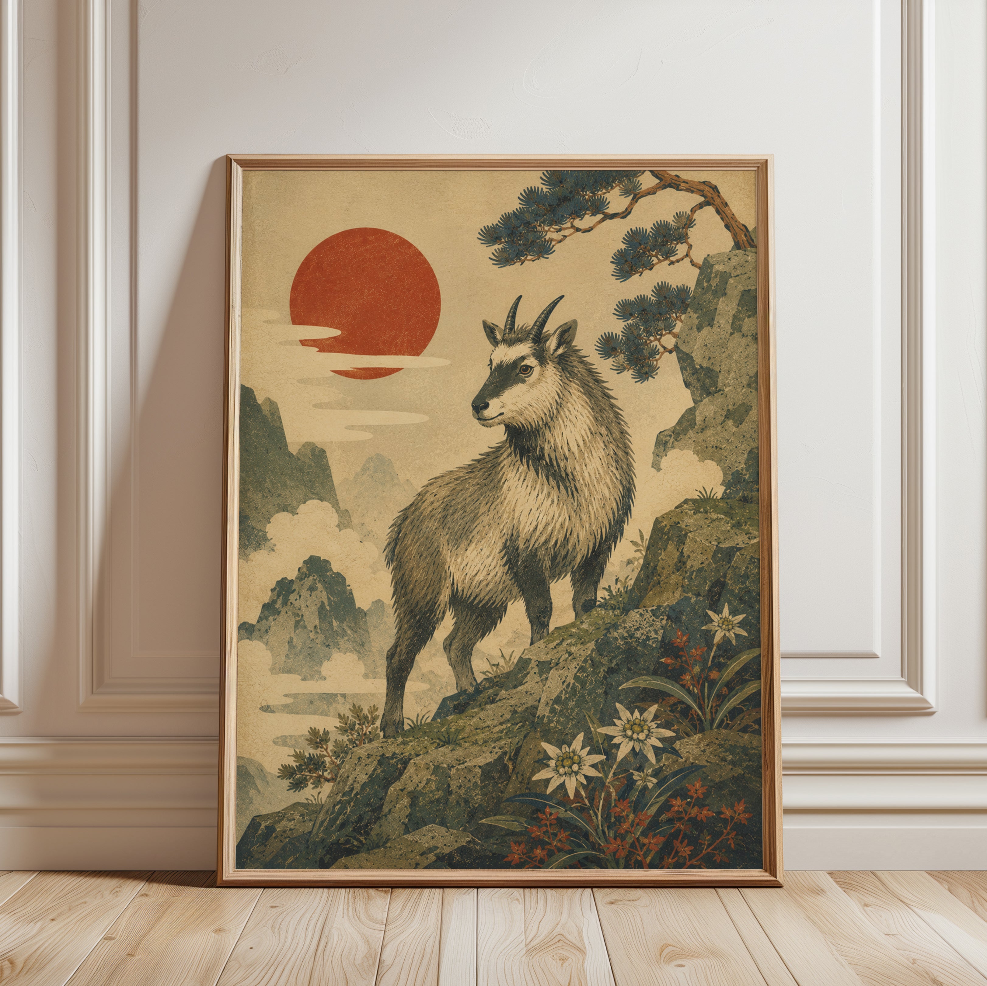 Mountain Goat Wall Decor: Japanese Vintage Art - framed detail