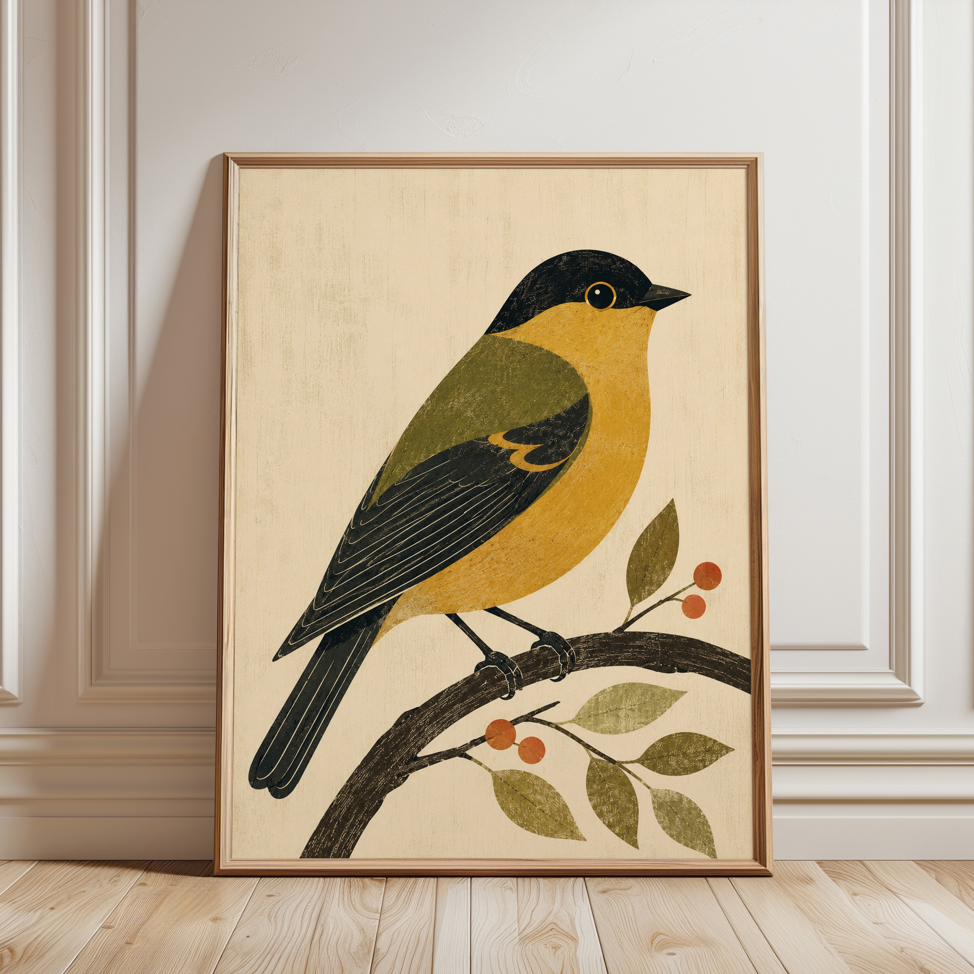 Vintage Bird Print — Folk Art Illustration - framed detail