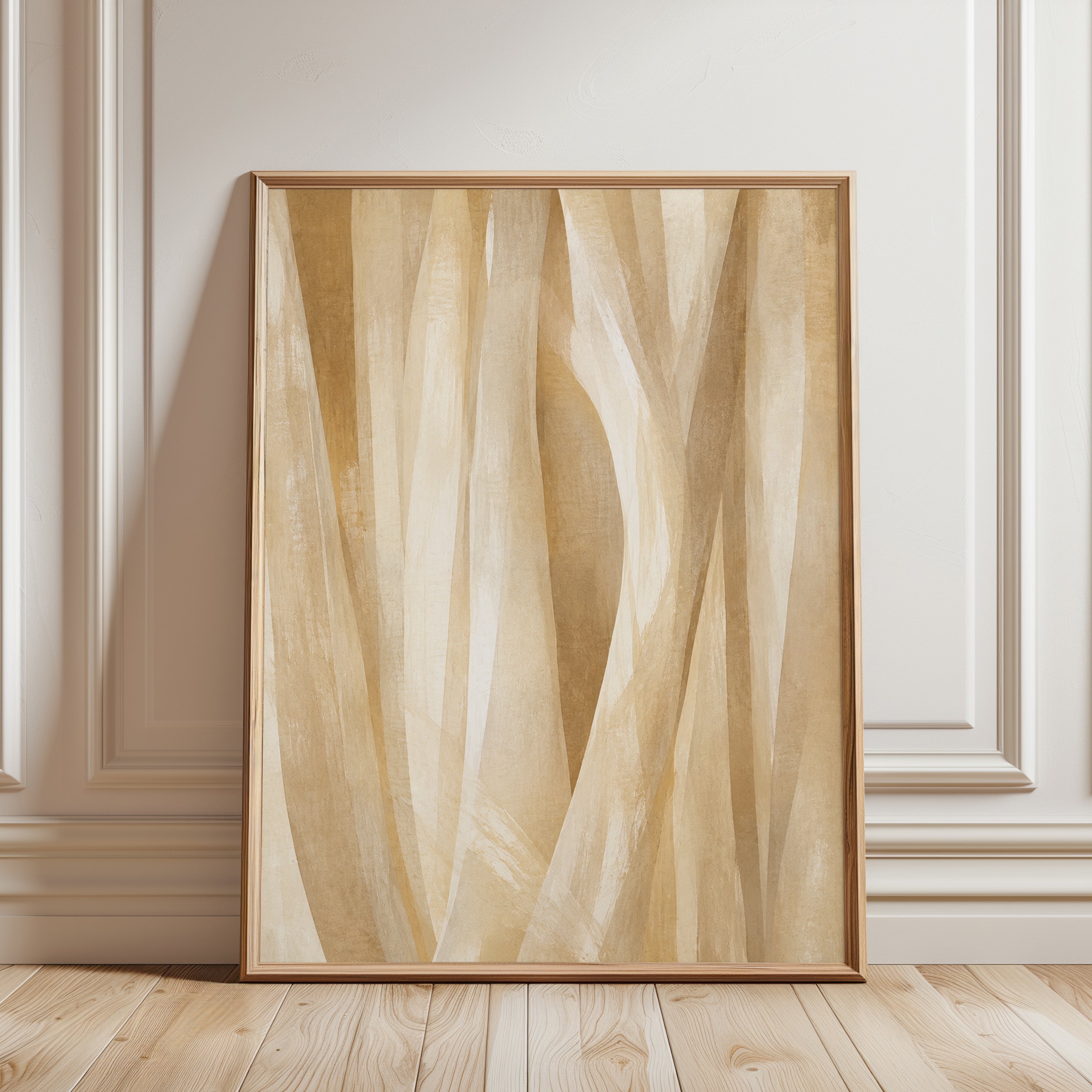 Abstract Beige Waves Wall Art: Minimalist Brushstroke Design - framed detail